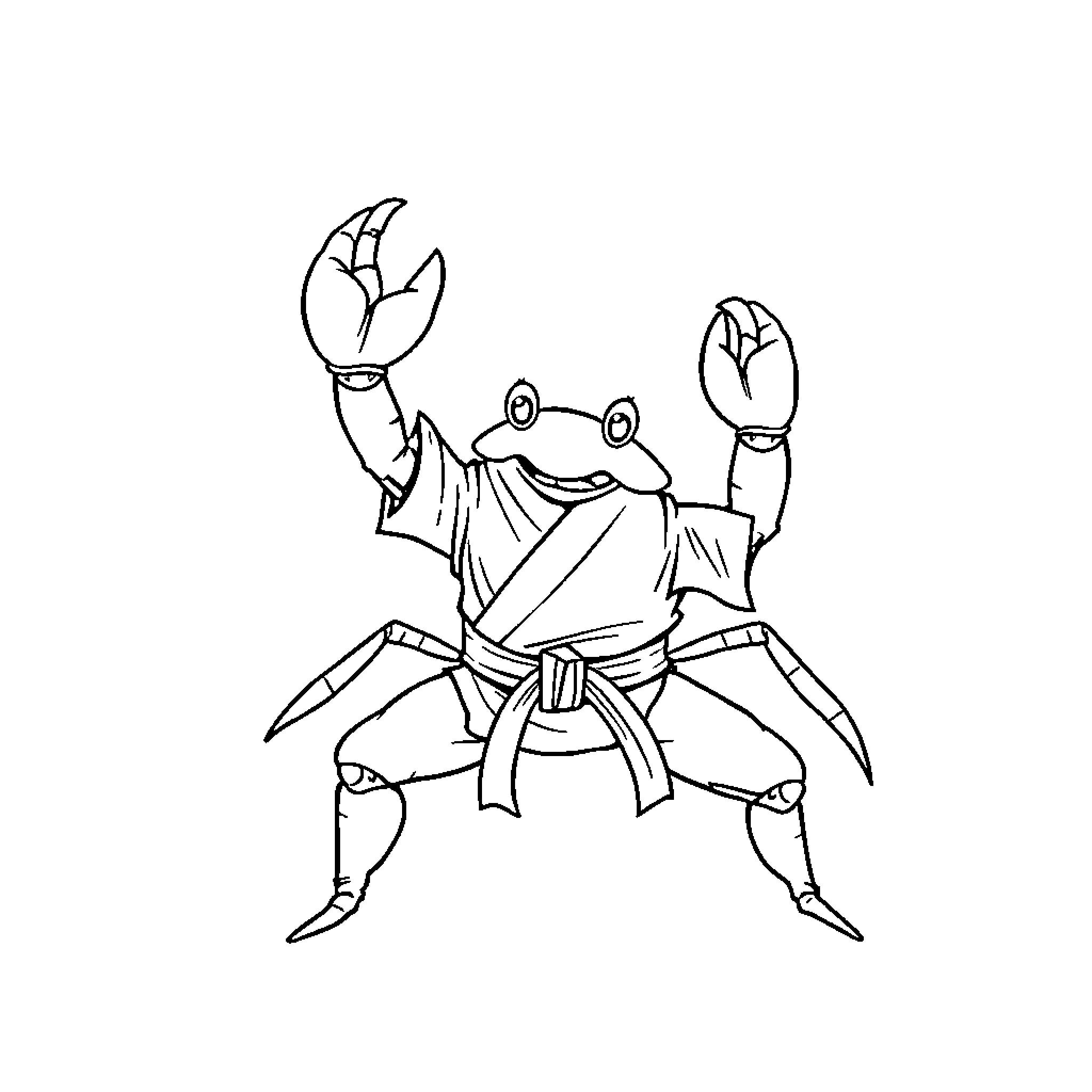 Crab martial artist performing karate stance Coloring Page (free black-and-white line drawing printable PDF for all, from beginners to advanced learners, including children, teens, adults, and seniors)