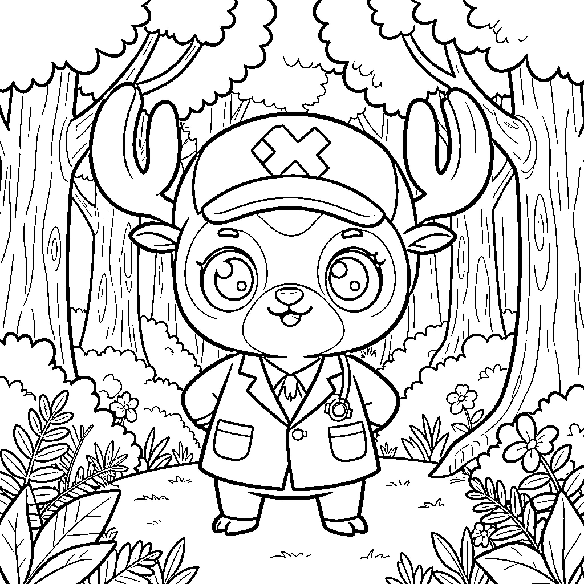 Tony Tony Chopper as a cute medical professional in the forest Coloring Page (free black-and-white line drawing printable PDF for all, from beginners to advanced learners, including children, teens, adults, and seniors)