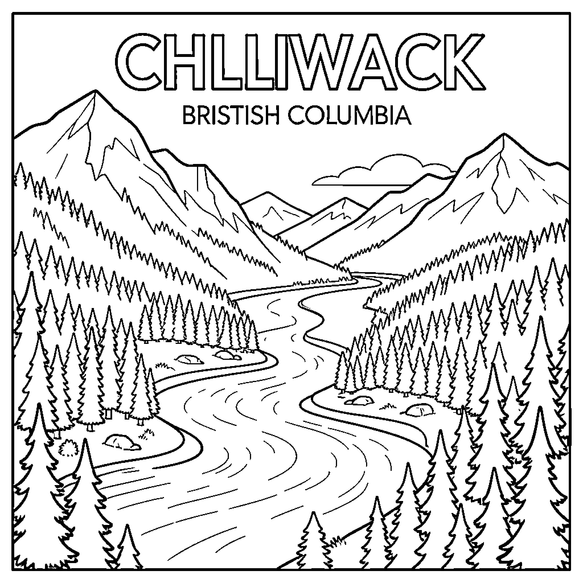Chilliwack landscape featuring winding river and mountain peaks Coloring Page (free black-and-white line drawing printable PDF for all, from beginners to advanced learners, including children, teens, adults, and seniors)