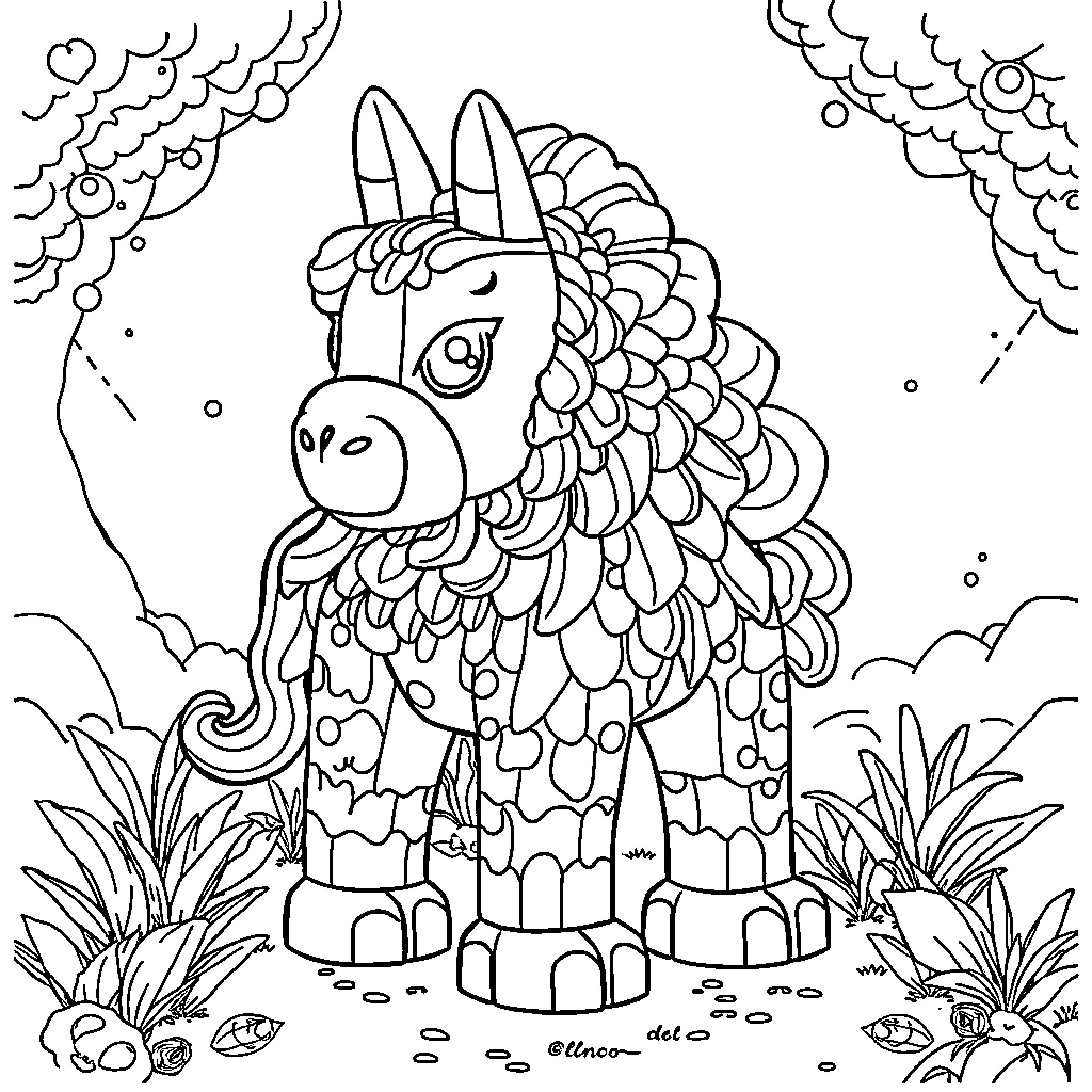 Lego Unicorn exploring in the fantastical world Coloring Page (free black-and-white line drawing printable PDF for all, from beginners to advanced learners, including children, teens, adults, and seniors)