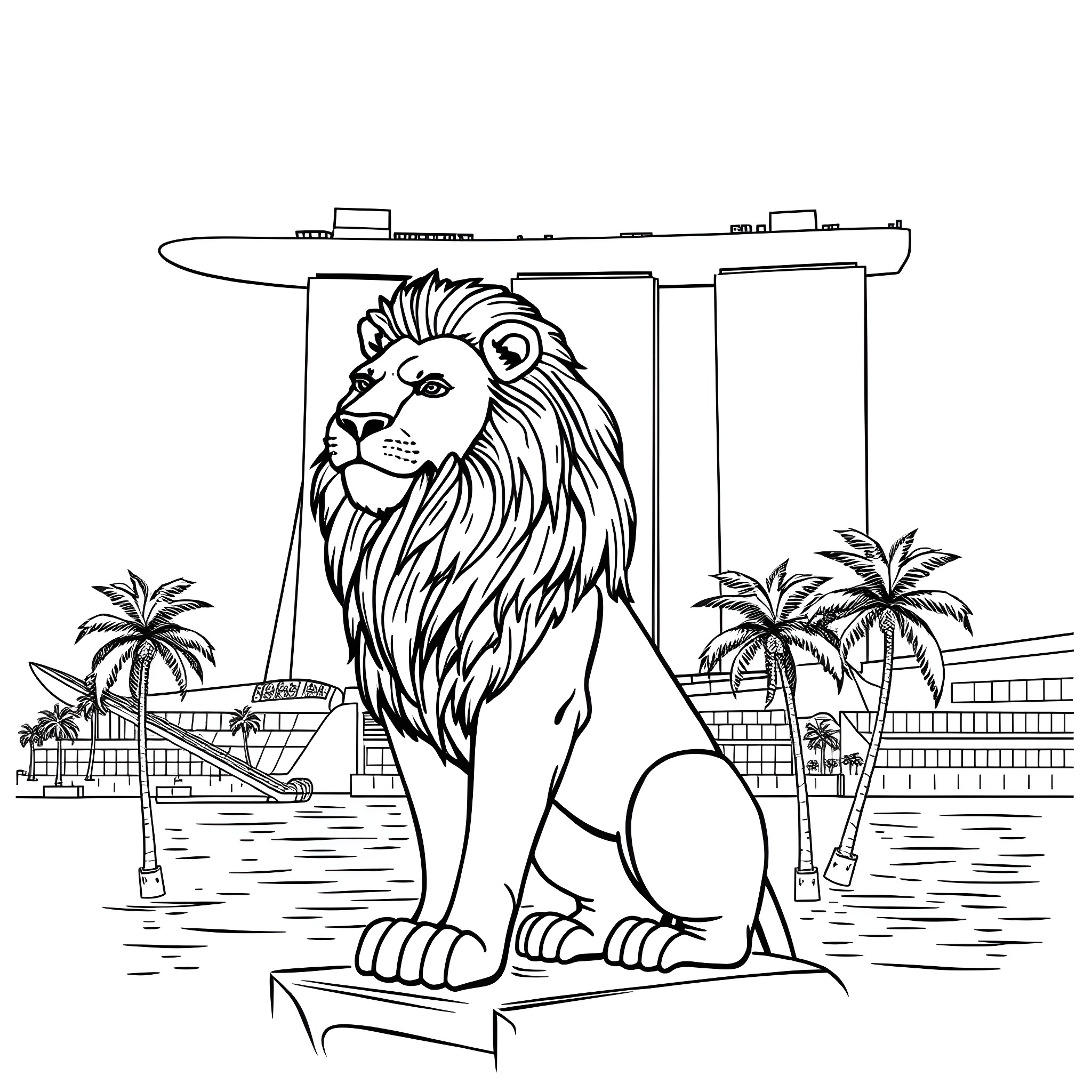 Lion standing proudly in tropical paradise Coloring Page (free black-and-white line drawing printable PDF for all, from beginners to advanced learners, including children, teens, adults, and seniors)