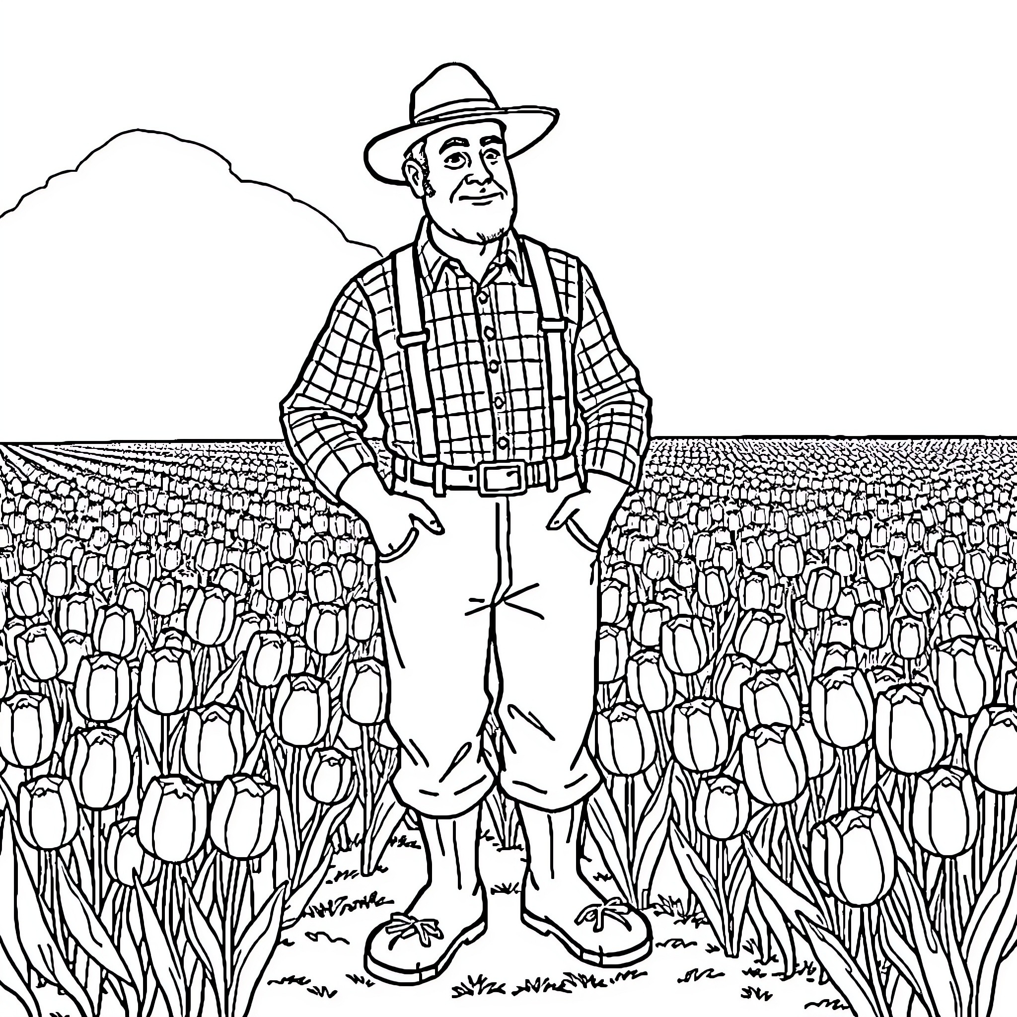 Dutch Man Standing Amidst Tulip Field Coloring Page (free black-and-white line drawing printable PDF for all, from beginners to advanced learners, including children, teens, adults, and seniors)