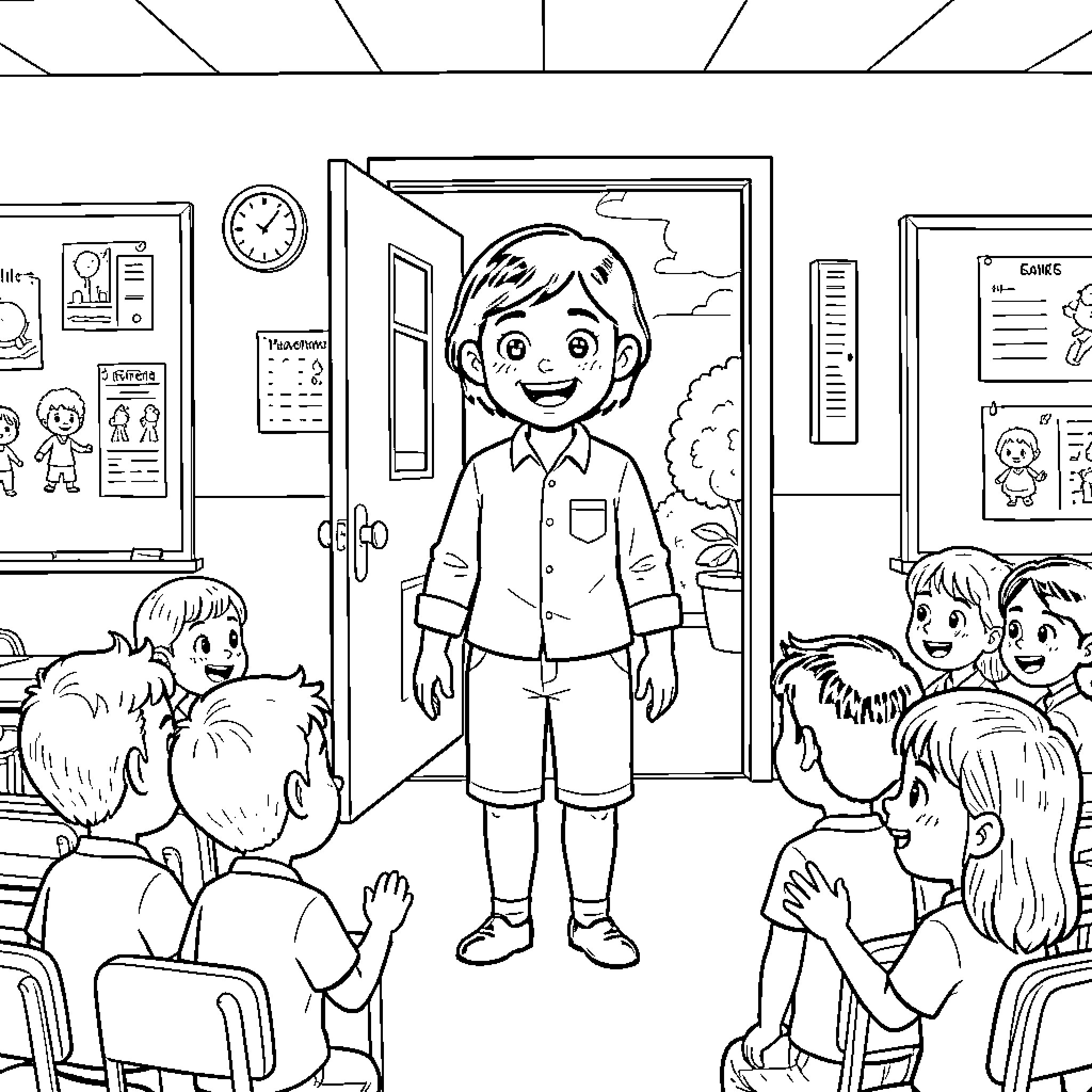 Teacher greeting students in a classroom setting Coloring Page (free black-and-white line drawing printable PDF for all, from beginners to advanced learners, including children, teens, adults, and seniors)
