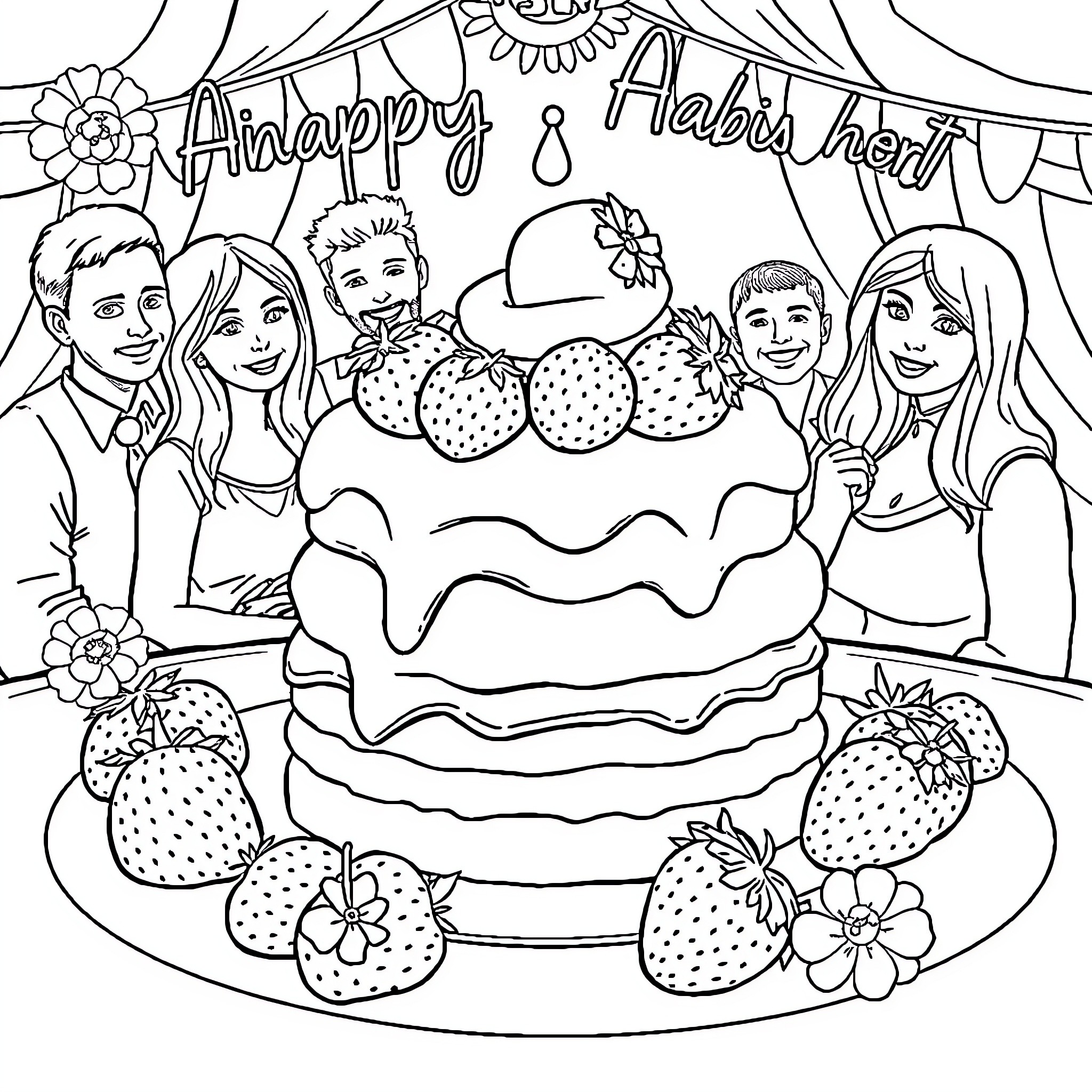 Strawberry Shortcake with Happy Family Celebration Coloring Page (free black-and-white line drawing printable PDF for all, from beginners to advanced learners, including children, teens, adults, and seniors)