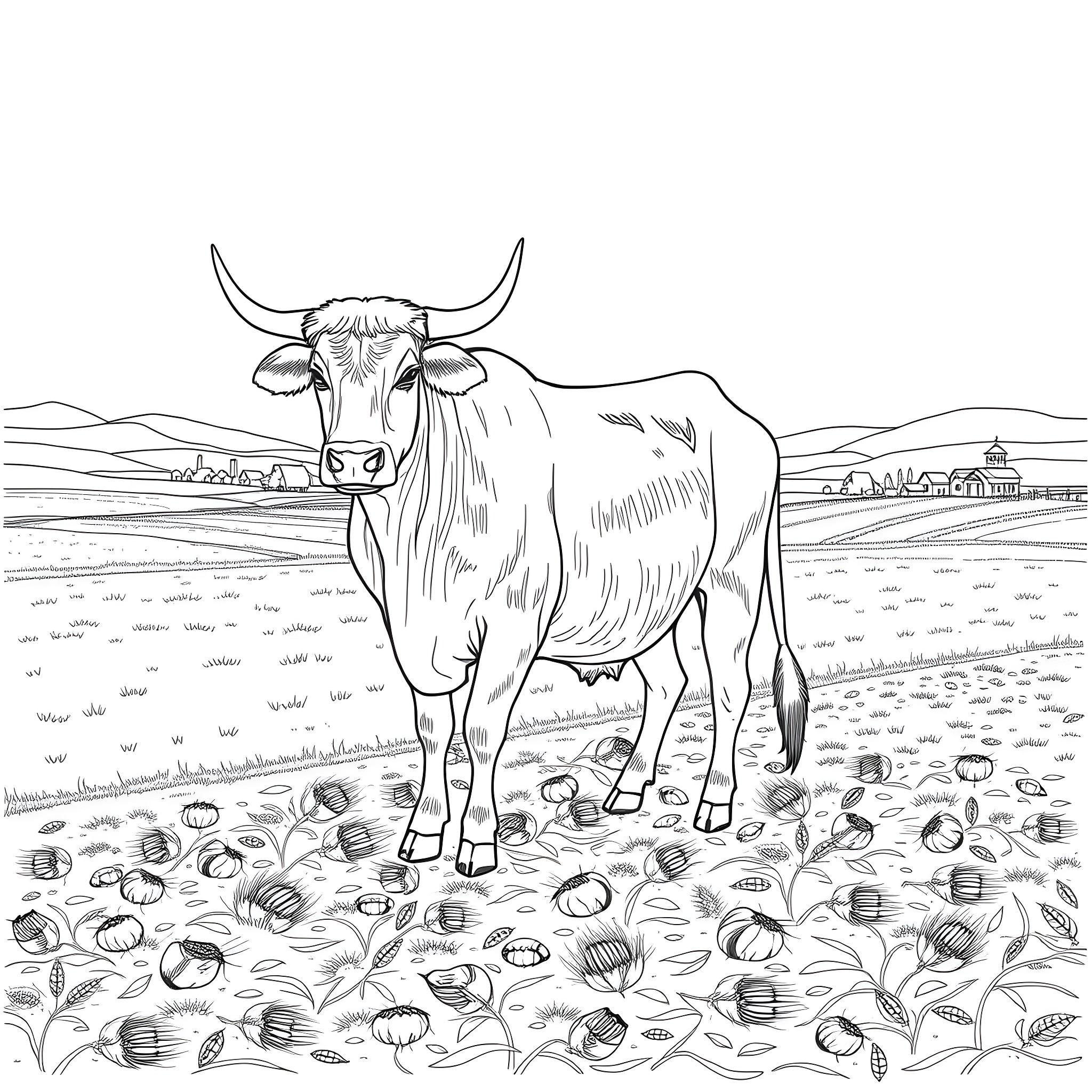Ox standing proudly in a pastoral landscape Coloring Page (free black-and-white line drawing printable PDF for all, from beginners to advanced learners, including children, teens, adults, and seniors)
