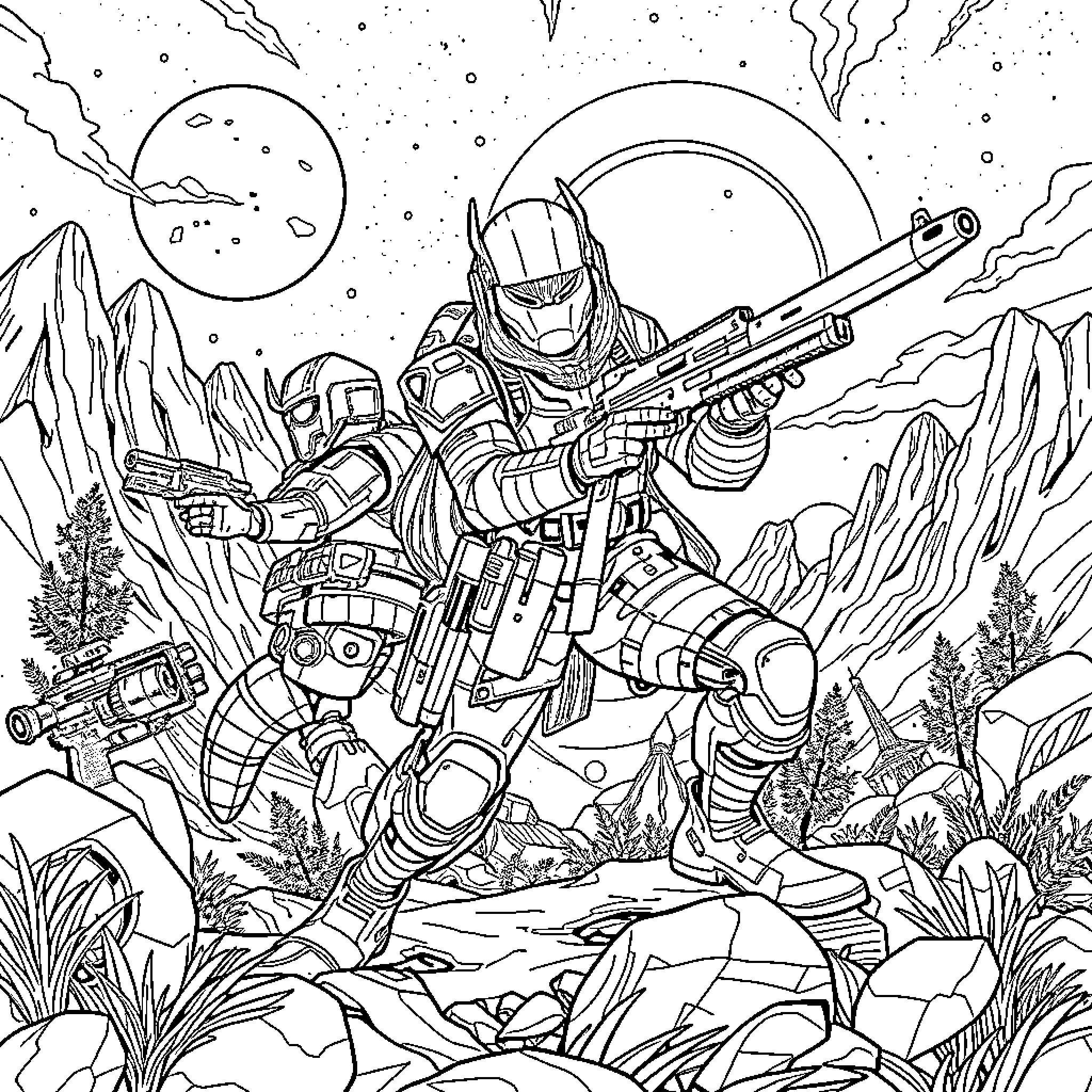 Huntrix on a Galactic Battlefront Coloring Page (free black-and-white line drawing printable PDF for all, from beginners to advanced learners, including children, teens, adults, and seniors)