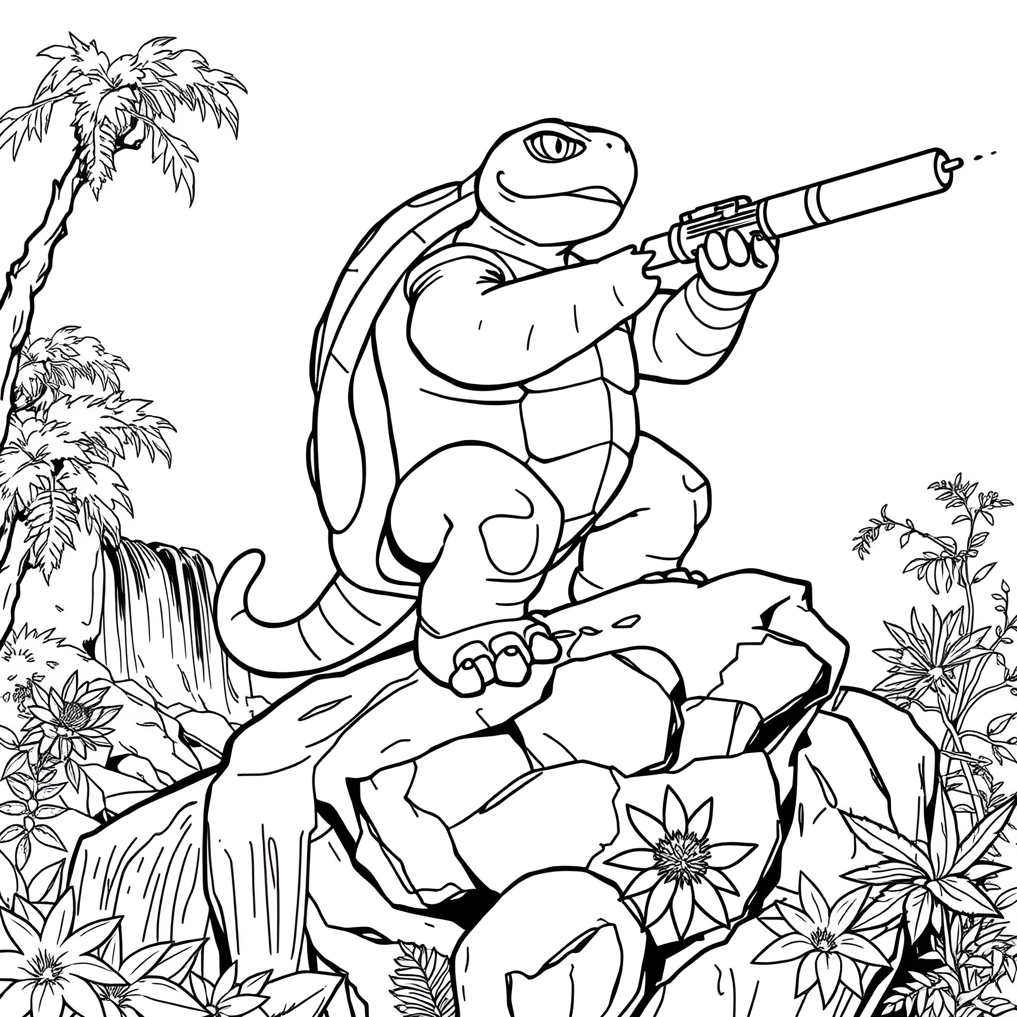 Blastoise aiming its water cannons in a tropical jungle Coloring Page (free black-and-white line drawing printable PDF for all, from beginners to advanced learners, including children, teens, adults, and seniors)