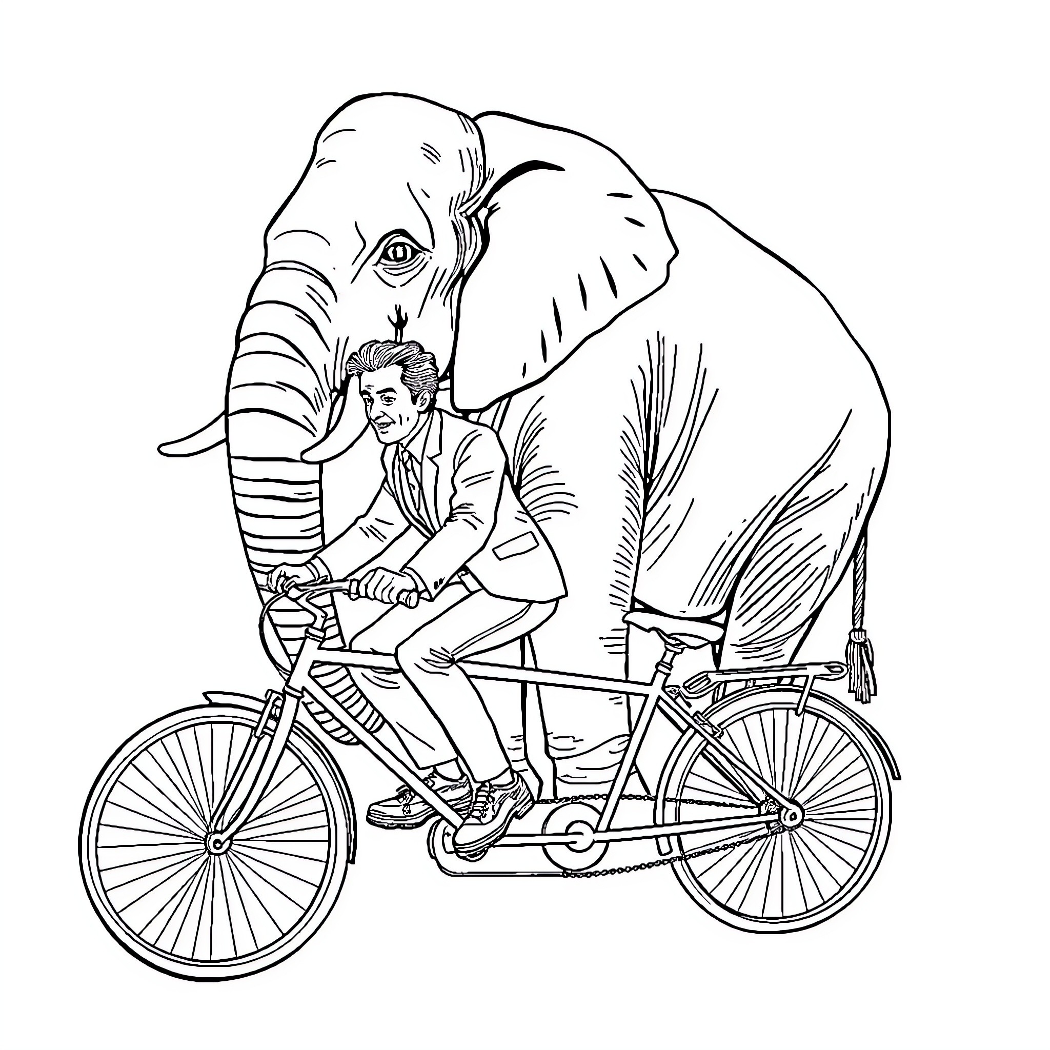 Elephant Rider on Tandem Bicycle Coloring Page (free black-and-white line drawing printable PDF for all, from beginners to advanced learners, including children, teens, adults, and seniors)