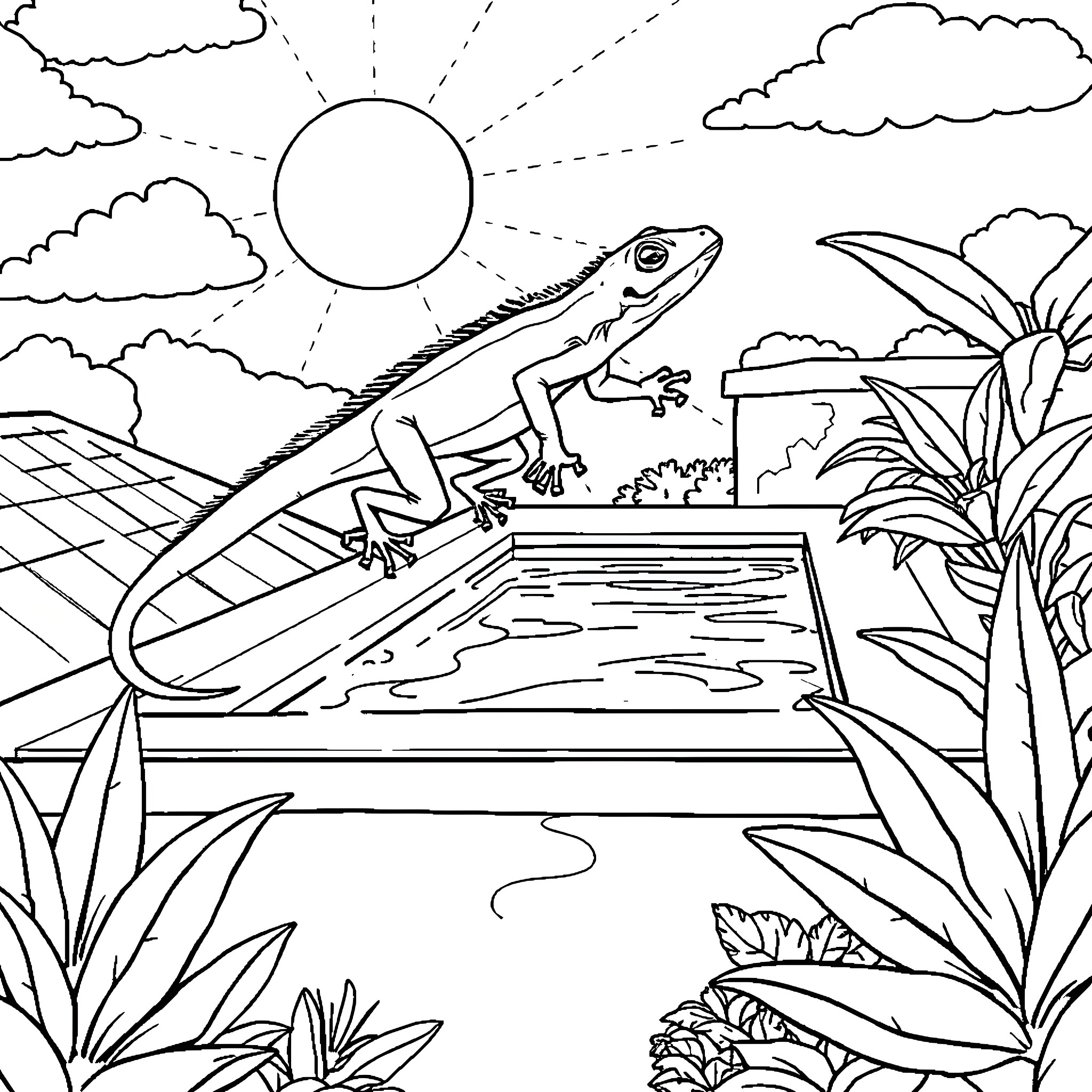 Lizard relaxing by the tropical swimming pool Coloring Page (free black-and-white line drawing printable PDF for all, from beginners to advanced learners, including children, teens, adults, and seniors)
