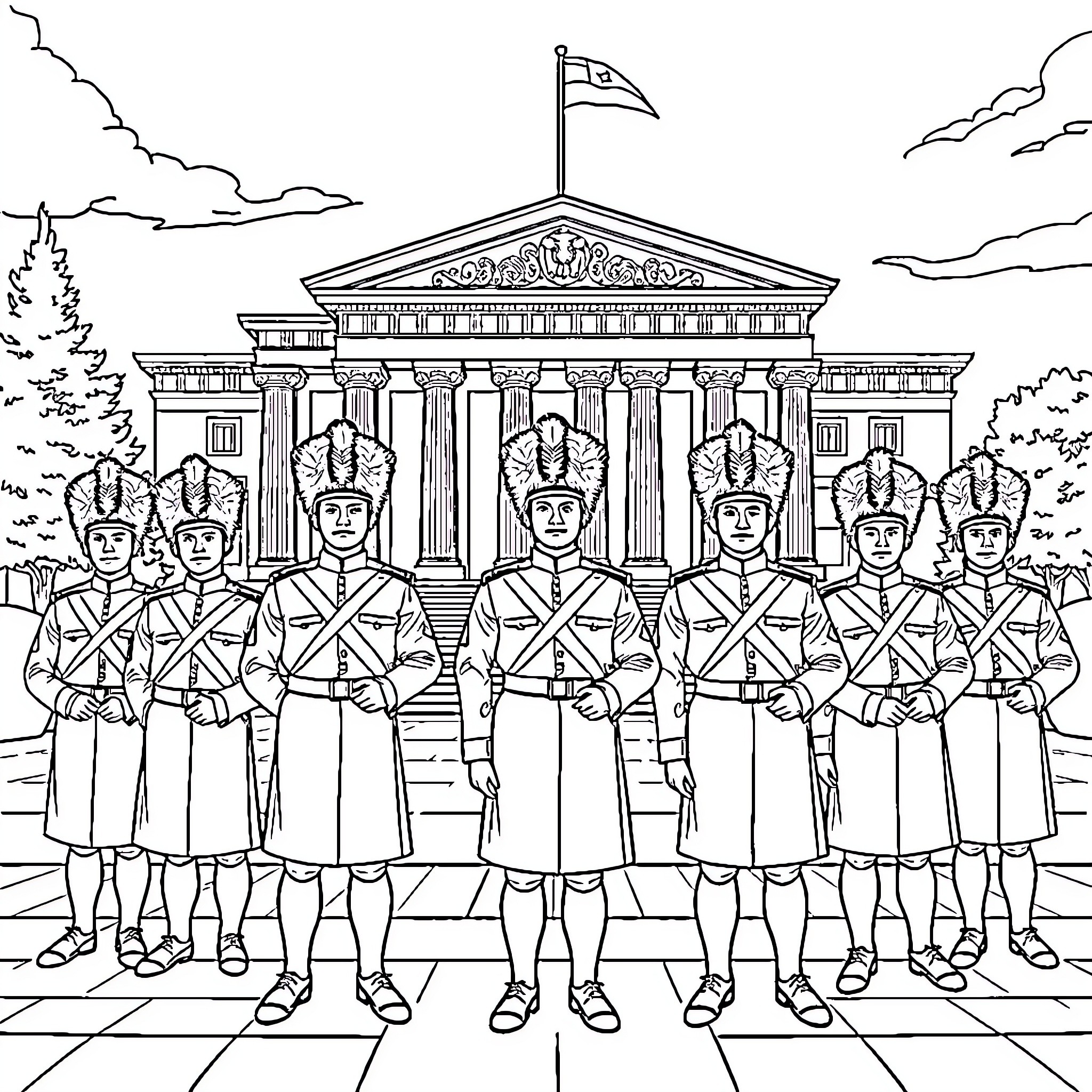 Evzones in ceremonial uniforms standing guard at a historic building Coloring Page (free black-and-white line drawing printable PDF for all, from beginners to advanced learners, including children, teens, adults, and seniors)