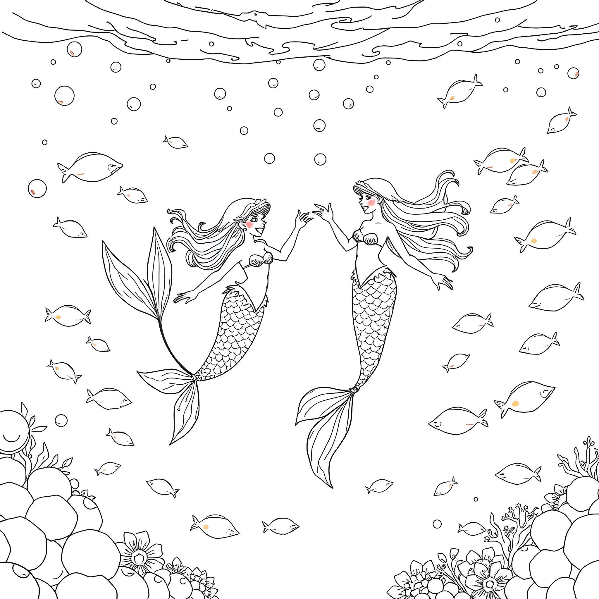 Mermaid friends embracing underwater Coloring Page (free black-and-white line drawing printable PDF for all, from beginners to advanced learners, including children, teens, adults, and seniors)