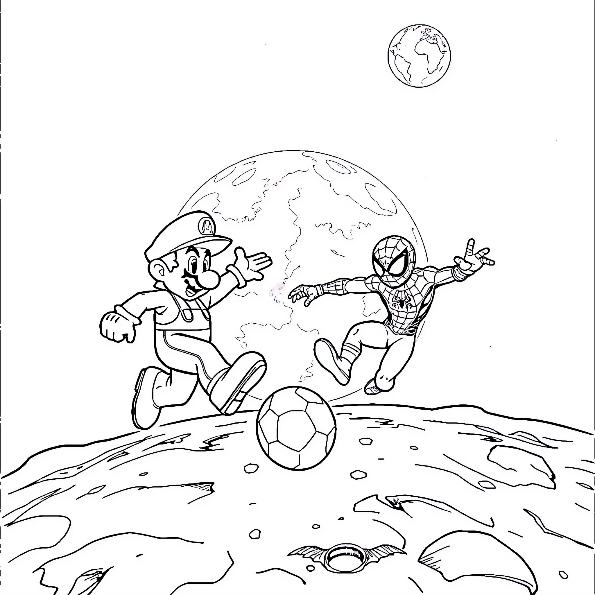Mario and Spiderman playing soccer on the moon Coloring Page (free black-and-white line drawing printable PDF for all, from beginners to advanced learners, including children, teens, adults, and seniors)