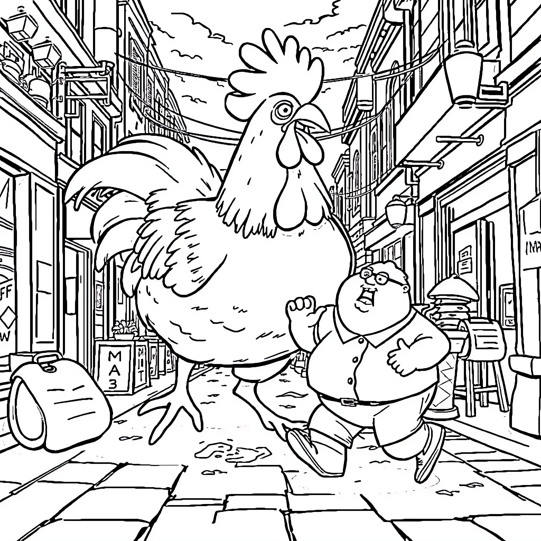 Chicken wandering through a bustling city street Coloring Page (free black-and-white line drawing printable PDF for all, from beginners to advanced learners, including children, teens, adults, and seniors)