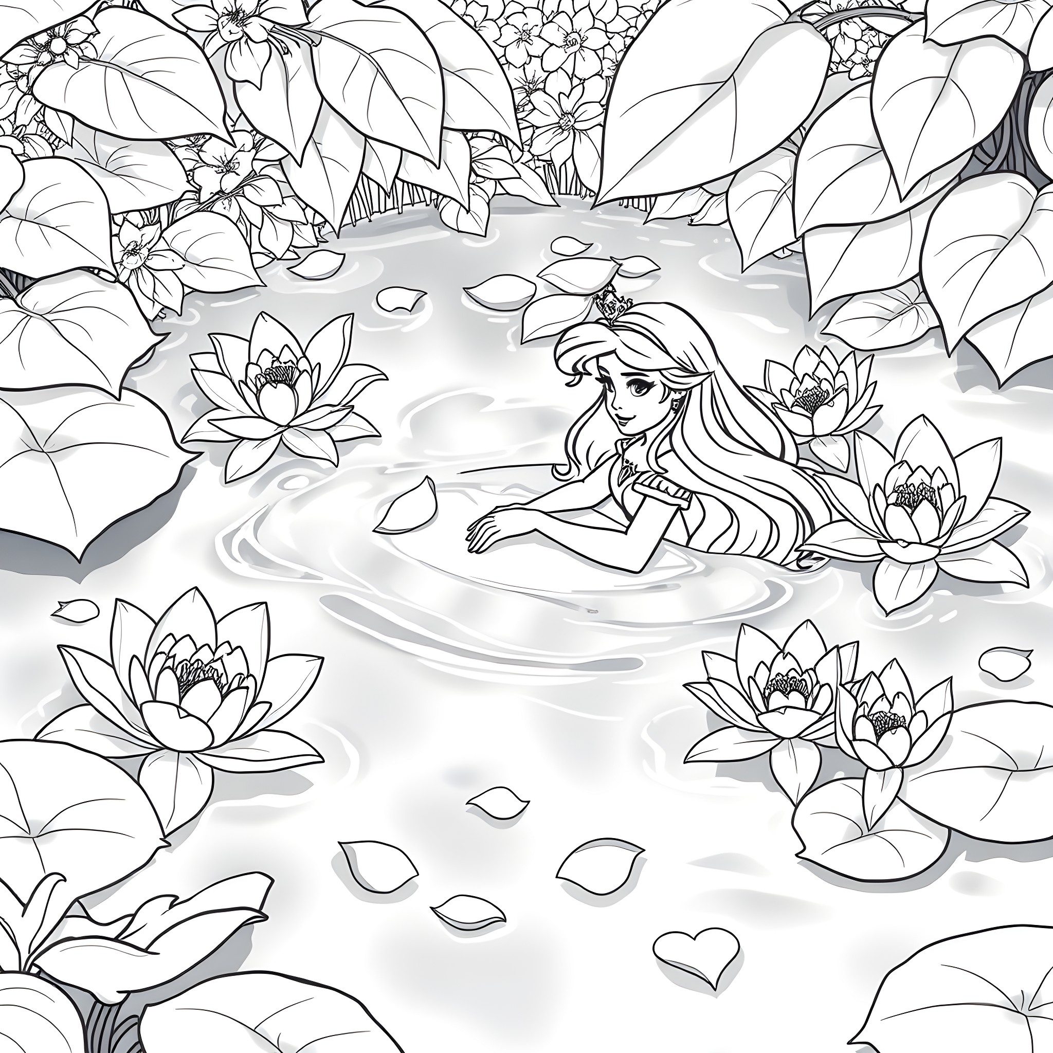 Disney Princess Enjoying Peaceful Lotus Pond Coloring Page (free black-and-white line drawing printable PDF for all, from beginners to advanced learners, including children, teens, adults, and seniors)