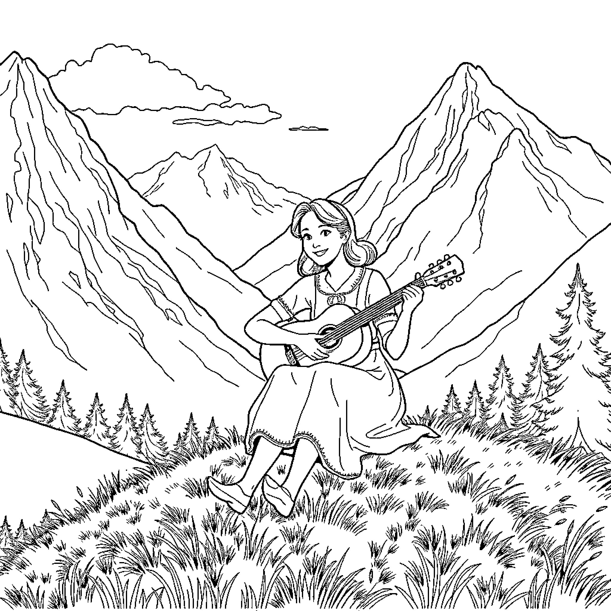 Maria von Trapp playing guitar in the mountains Coloring Page (free black-and-white line drawing printable PDF for all, from beginners to advanced learners, including children, teens, adults, and seniors)