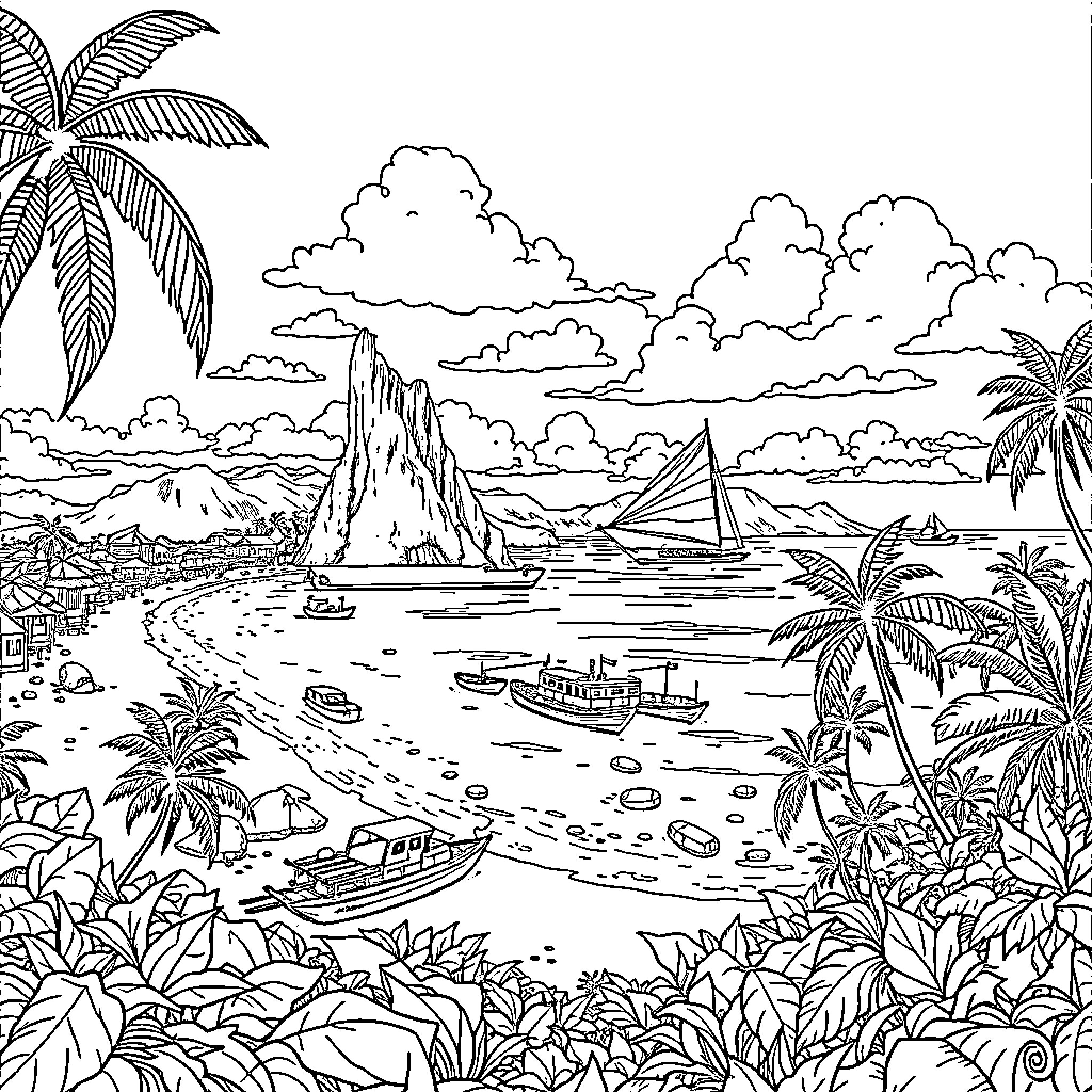 Phuket: Scenic island paradise with boats and palm trees Coloring Page (free black-and-white line drawing printable PDF for all, from beginners to advanced learners, including children, teens, adults, and seniors)
