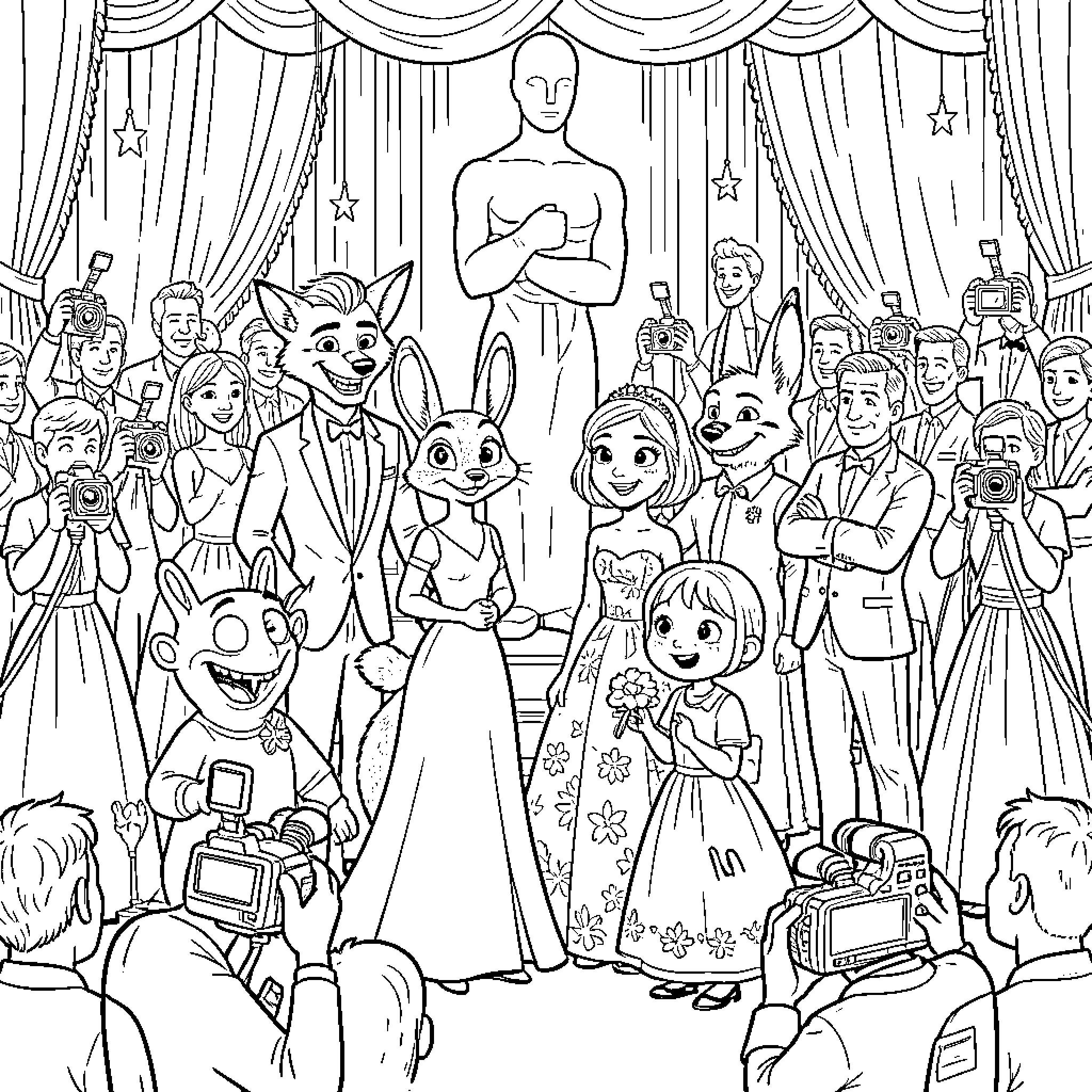 Character Awards Ceremony with Various Animated Figures Coloring Page (free black-and-white line drawing printable PDF for all, from beginners to advanced learners, including children, teens, adults, and seniors)