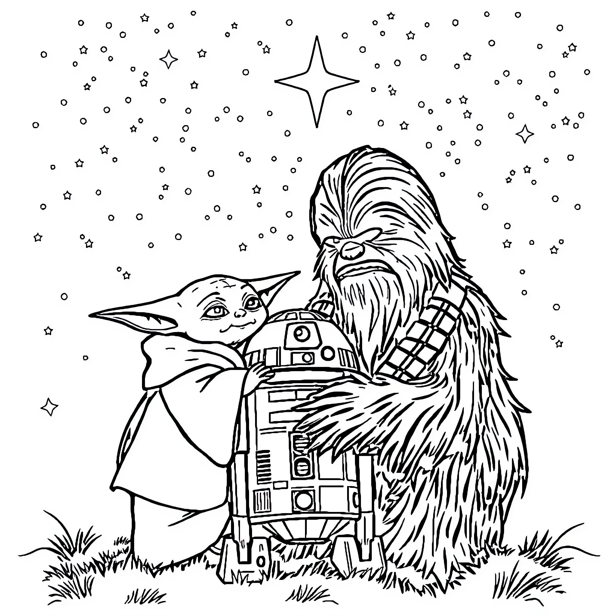 Yoda and Chewbacca explore the starry night Coloring Page (free black-and-white line drawing printable PDF for all, from beginners to advanced learners, including children, teens, adults, and seniors)