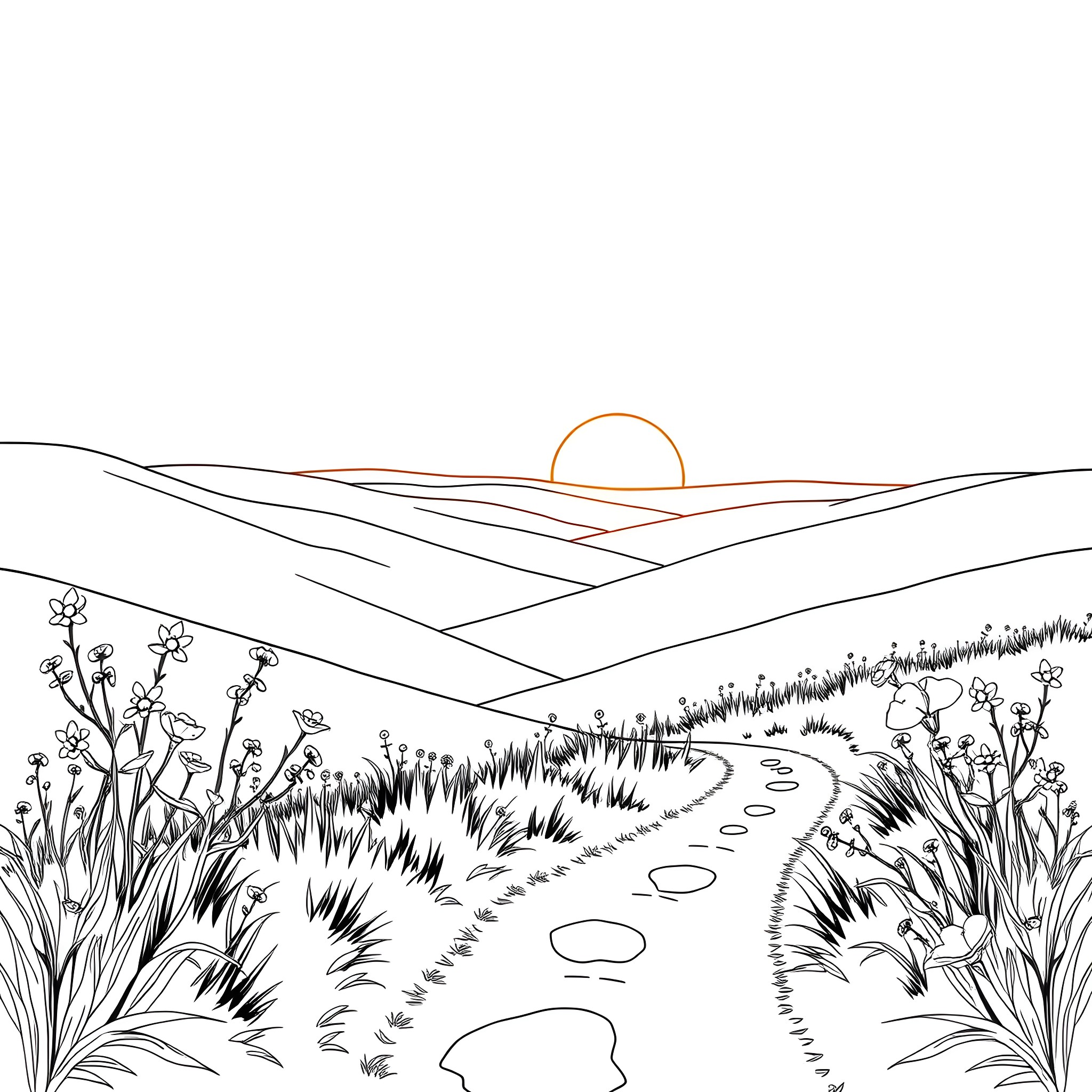 Day in the Countryside with Flowers and Sunset Coloring Page (free black-and-white line drawing printable PDF for all, from beginners to advanced learners, including children, teens, adults, and seniors)