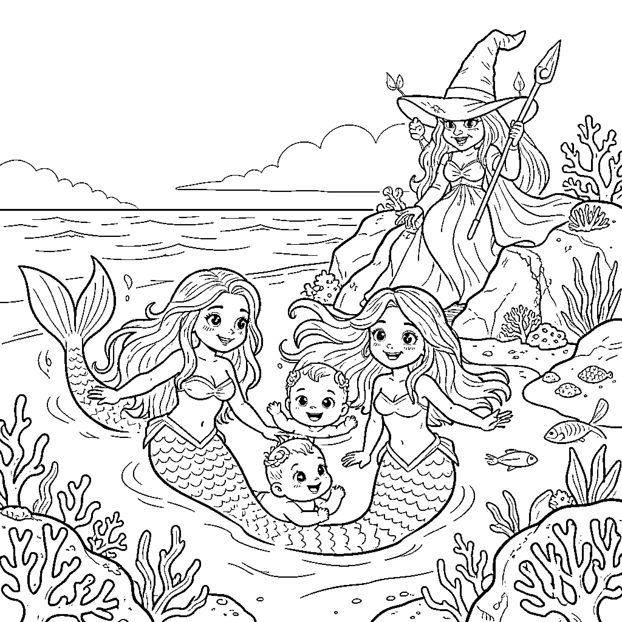 Mermaid sisters playing joyfully in the ocean with a witch Coloring Page (free black-and-white line drawing printable PDF for all, from beginners to advanced learners, including children, teens, adults, and seniors)