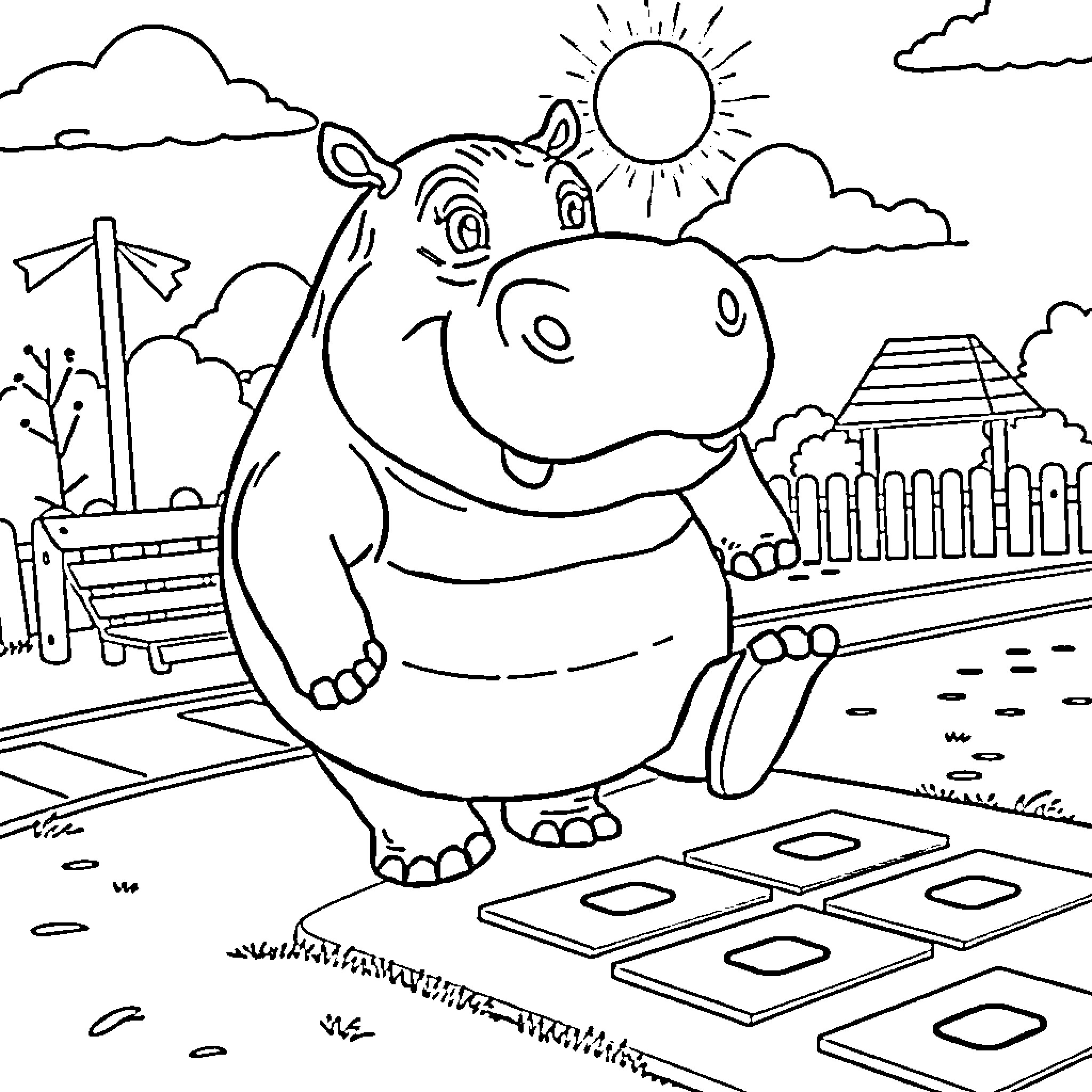 Hippo happily playing on colorful tiles Coloring Page (free black-and-white line drawing printable PDF for all, from beginners to advanced learners, including children, teens, adults, and seniors)