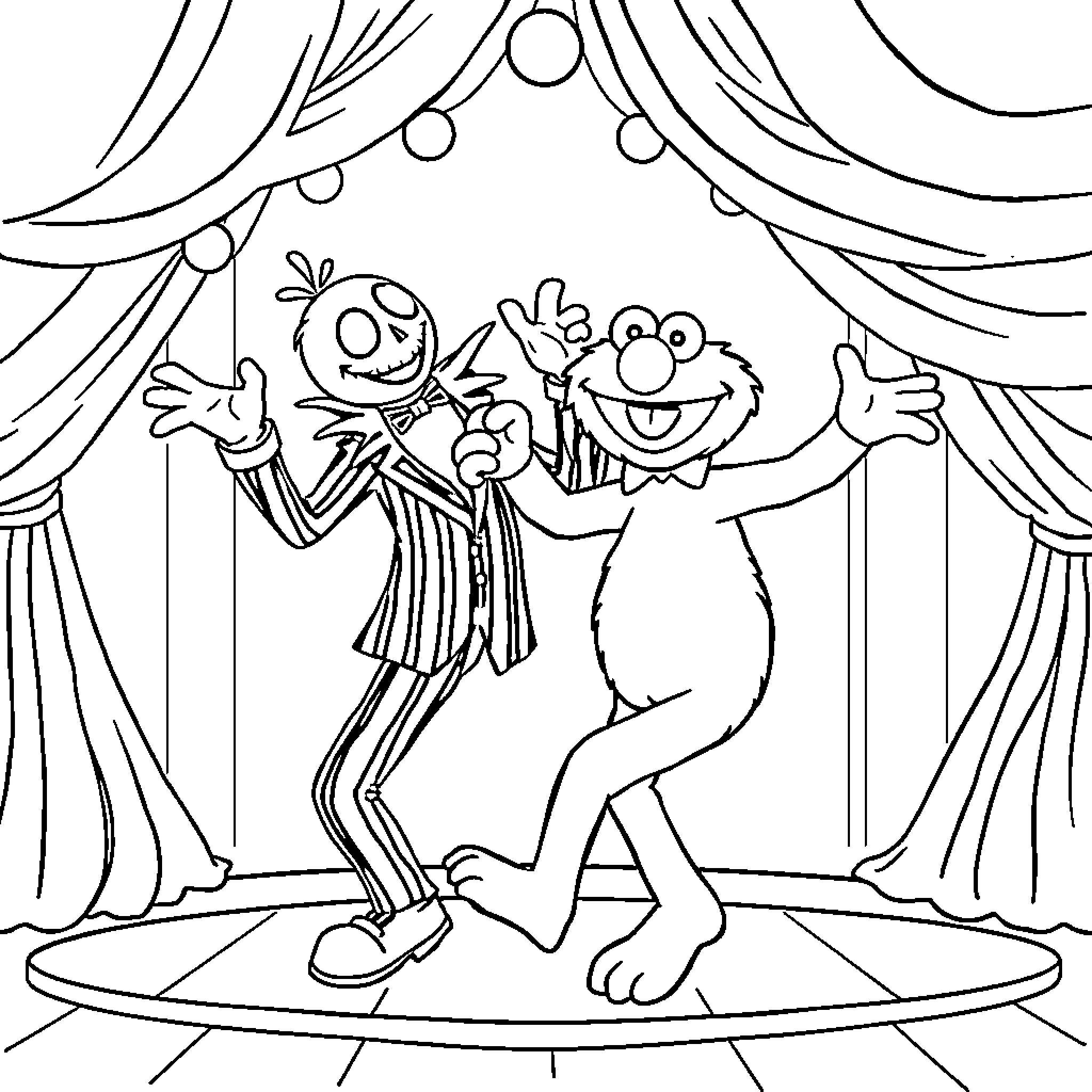 Elmo and Jack Skellington Dancing on Stage Coloring Page (free black-and-white line drawing printable PDF for all, from beginners to advanced learners, including children, teens, adults, and seniors)