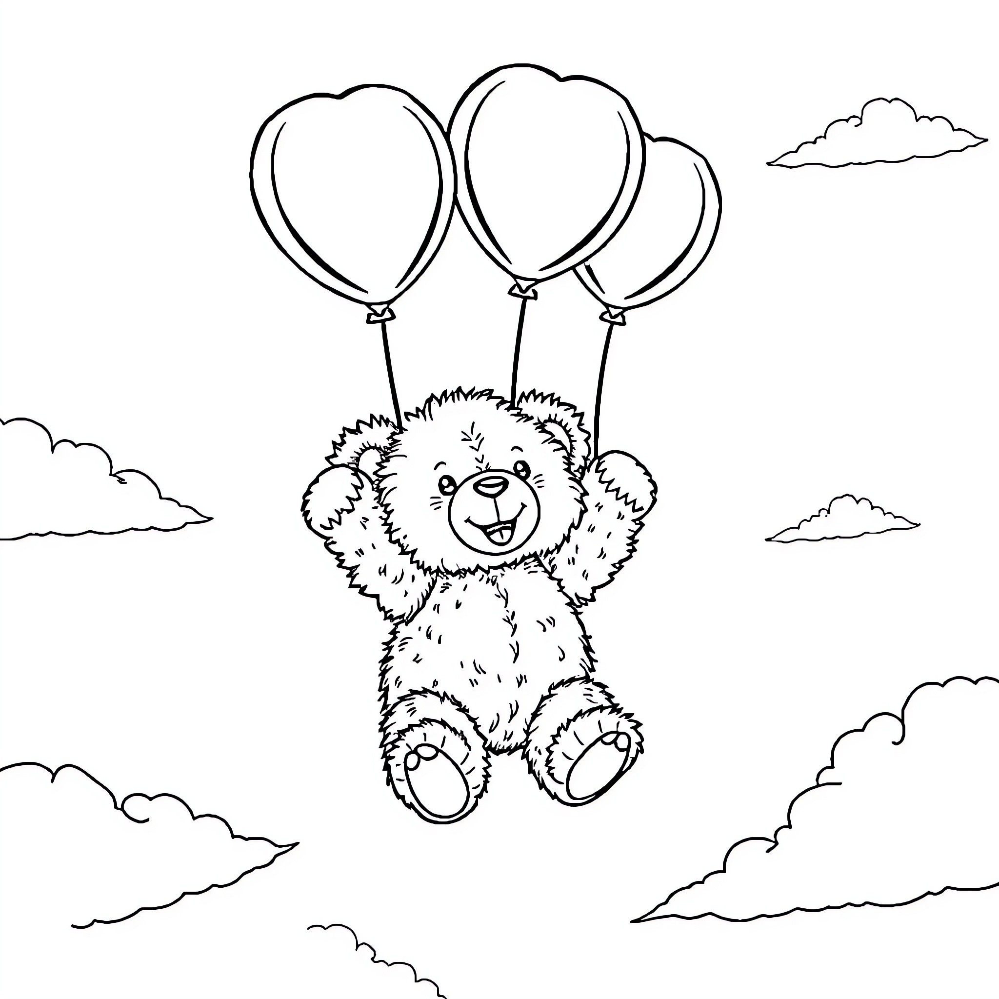 Teddy Bear floating with heart-shaped balloons Coloring Page (free black-and-white line drawing printable PDF for all, from beginners to advanced learners, including children, teens, adults, and seniors)