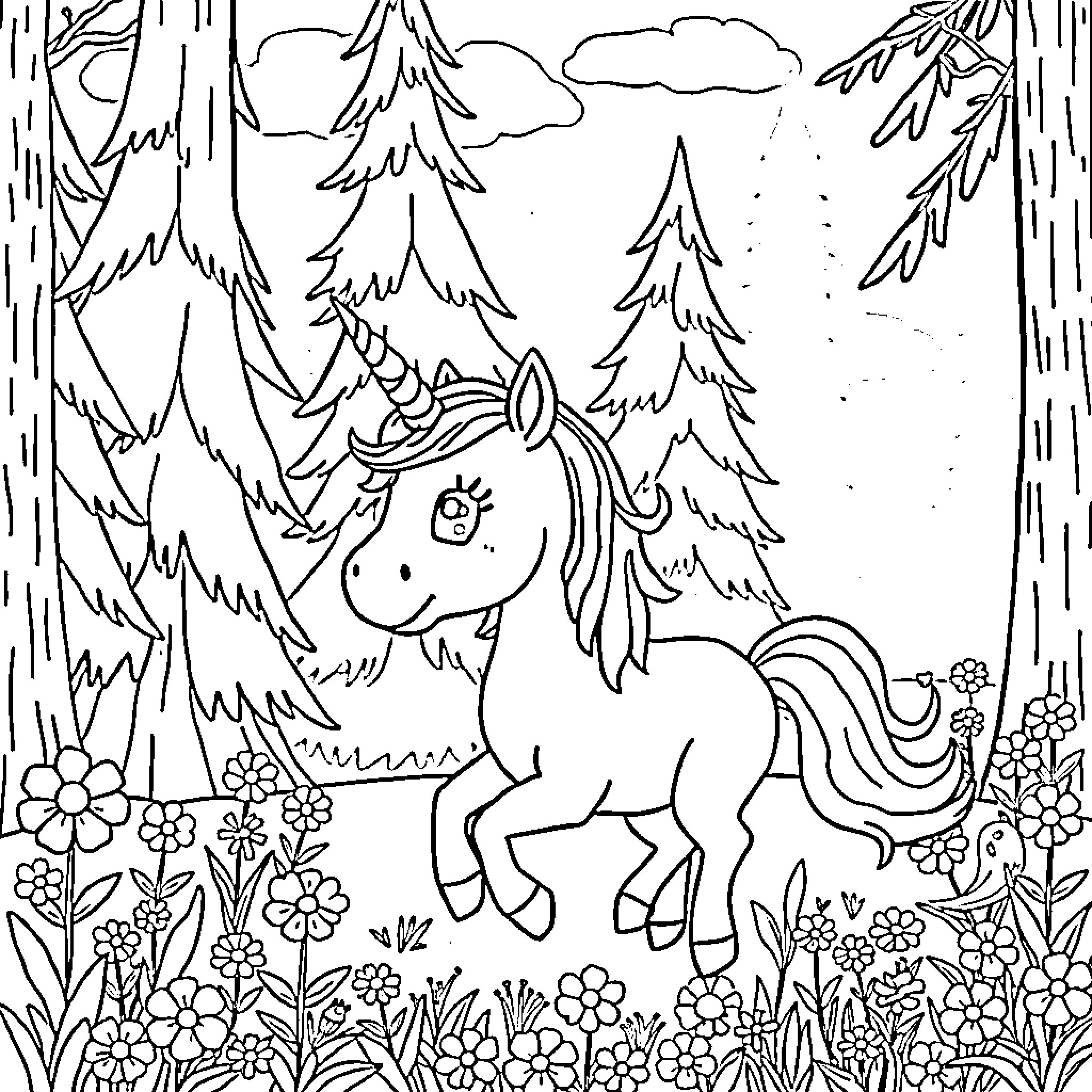 Unicorn frolicking in a magical forest Coloring Page (free black-and-white line drawing printable PDF for all, from beginners to advanced learners, including children, teens, adults, and seniors)
