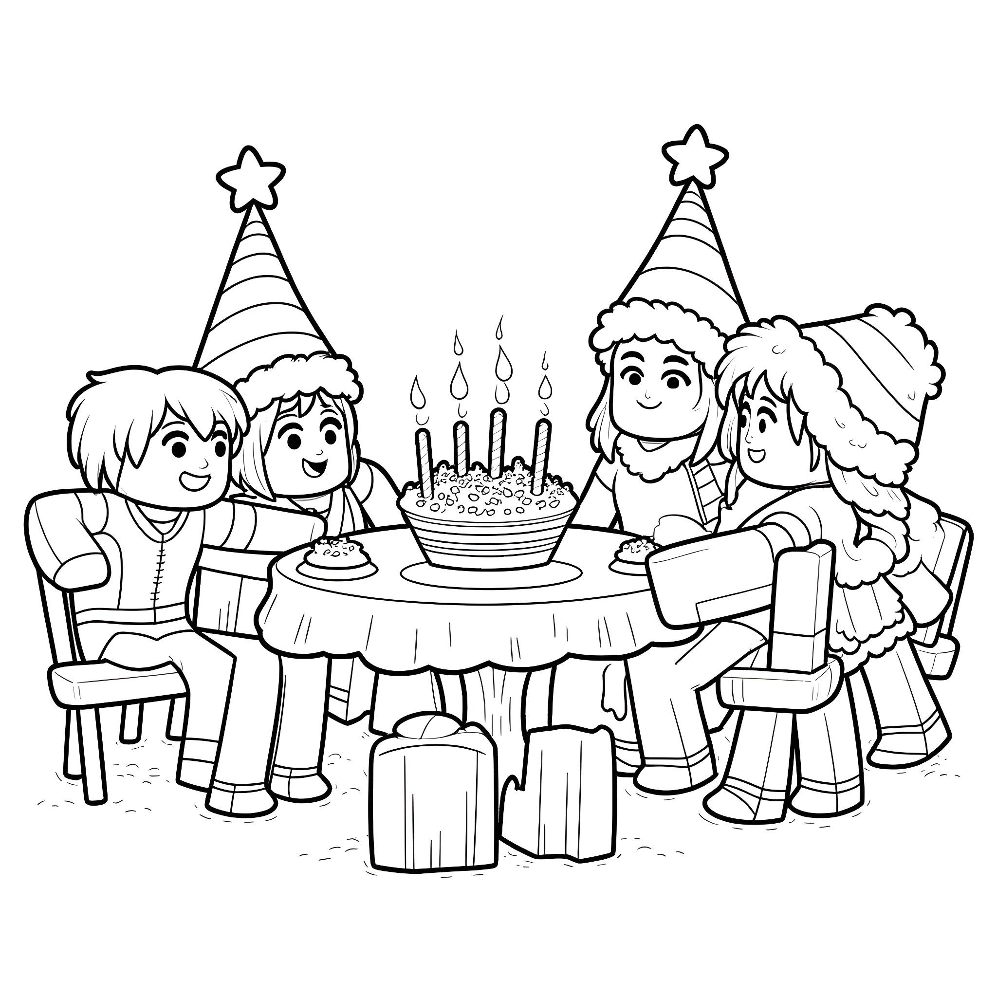 Minecraft People Celebrating Birthday with Cake and Party Hats Coloring Page (free black-and-white line drawing printable PDF for all, from beginners to advanced learners, including children, teens, adults, and seniors)