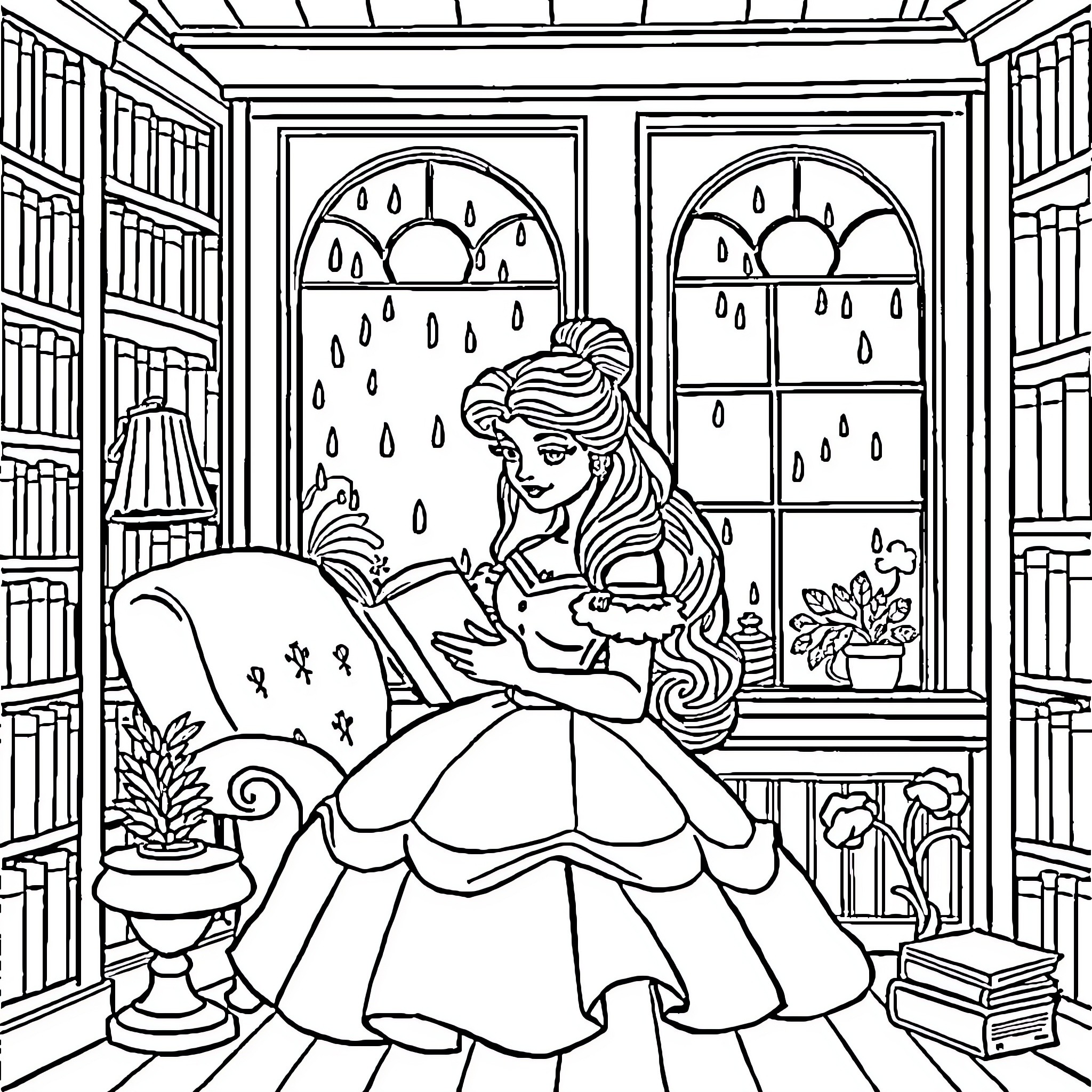 Belle Reading a Book in a Library Coloring Page (free black-and-white line drawing printable PDF for all, from beginners to advanced learners, including children, teens, adults, and seniors)