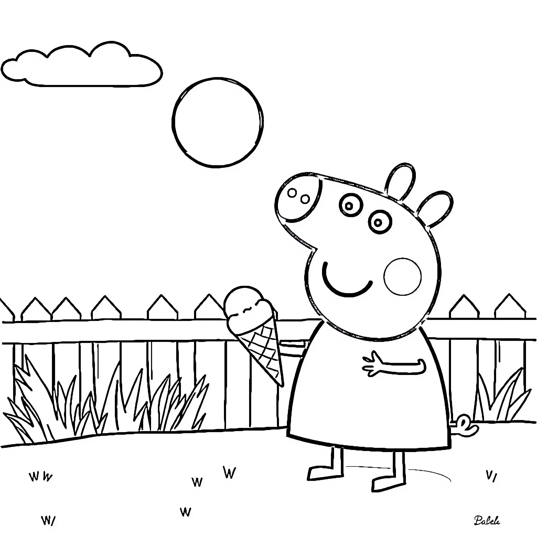 Peppa Pig enjoys an ice cream on a sunny day Coloring Page (free black-and-white line drawing printable PDF for all, from beginners to advanced learners, including children, teens, adults, and seniors)