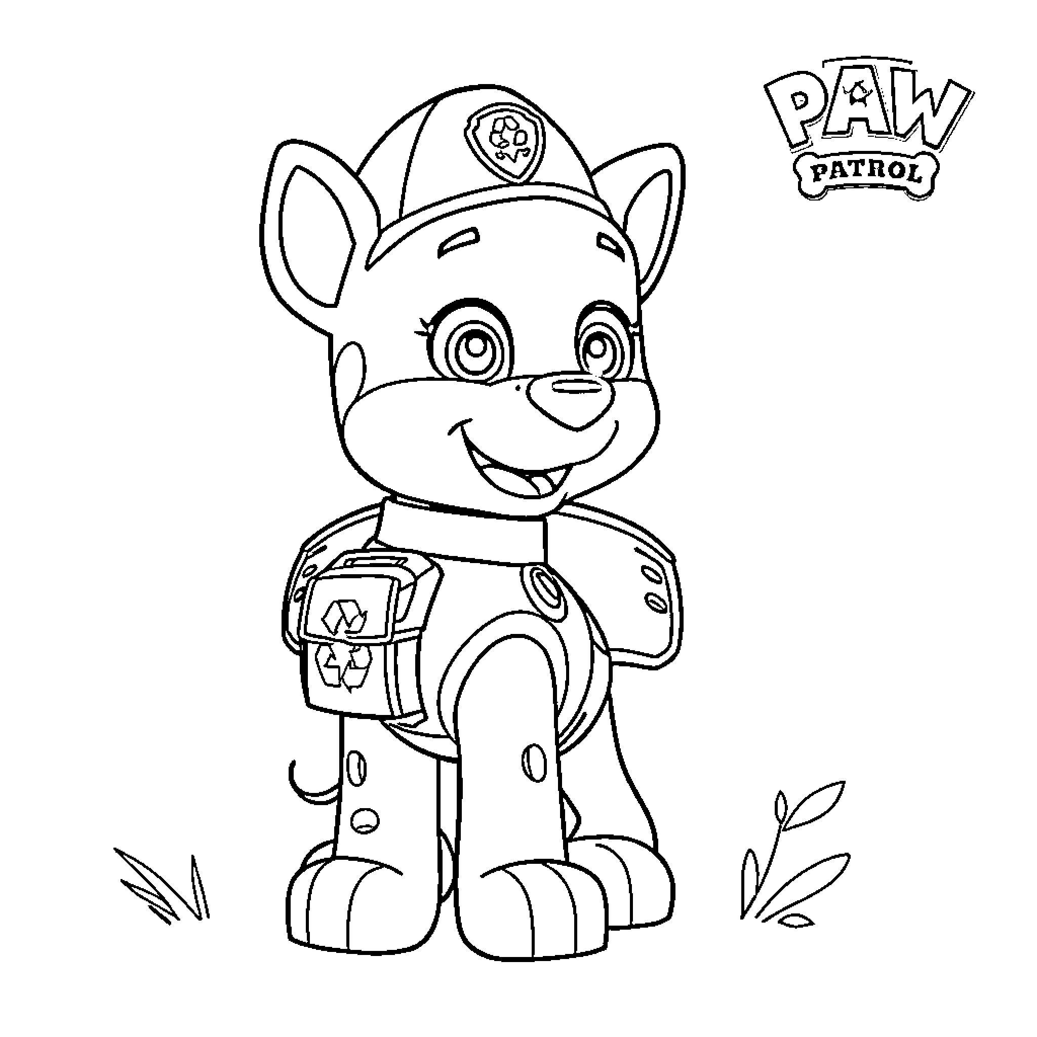 Rocky Pup in Uniform Happily on Patrol Coloring Page (free black-and-white line drawing printable PDF for all, from beginners to advanced learners, including children, teens, adults, and seniors)