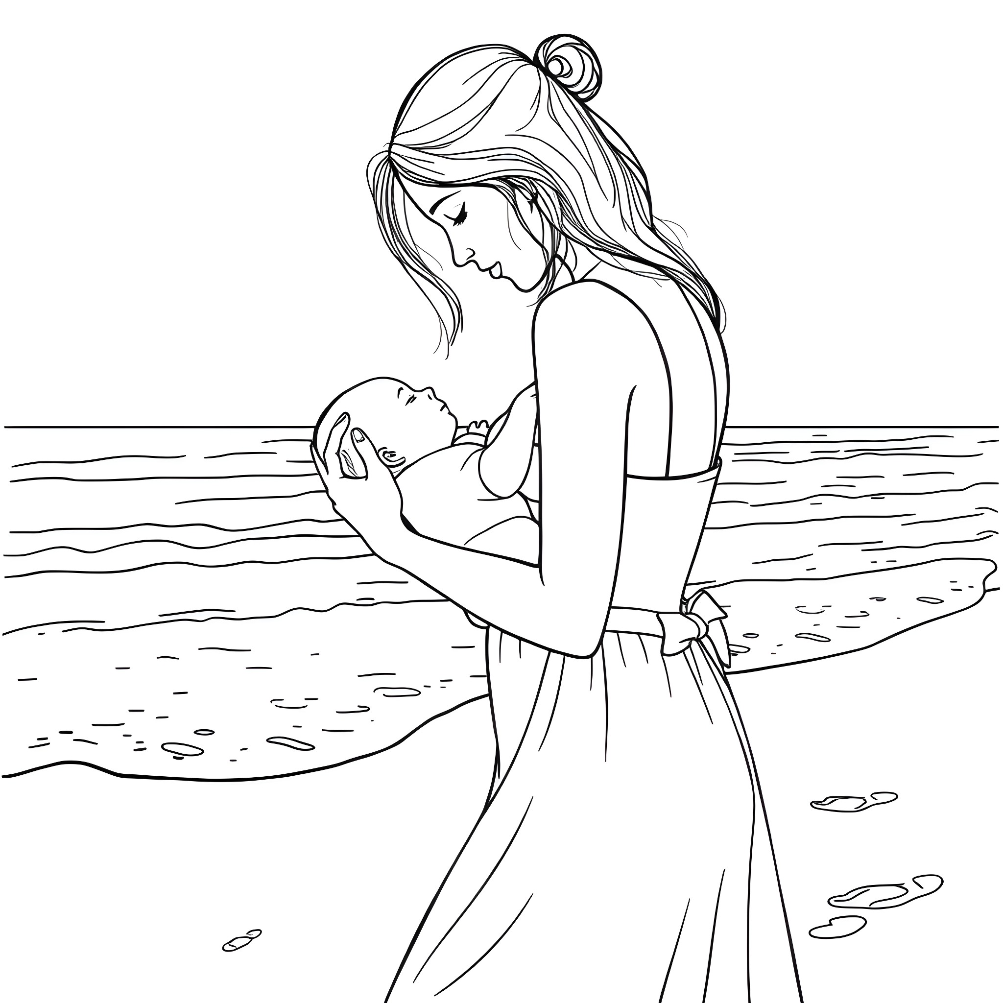 Mom tenderly embracing her baby on the beach Coloring Page (free black-and-white line drawing printable PDF for all, from beginners to advanced learners, including children, teens, adults, and seniors)