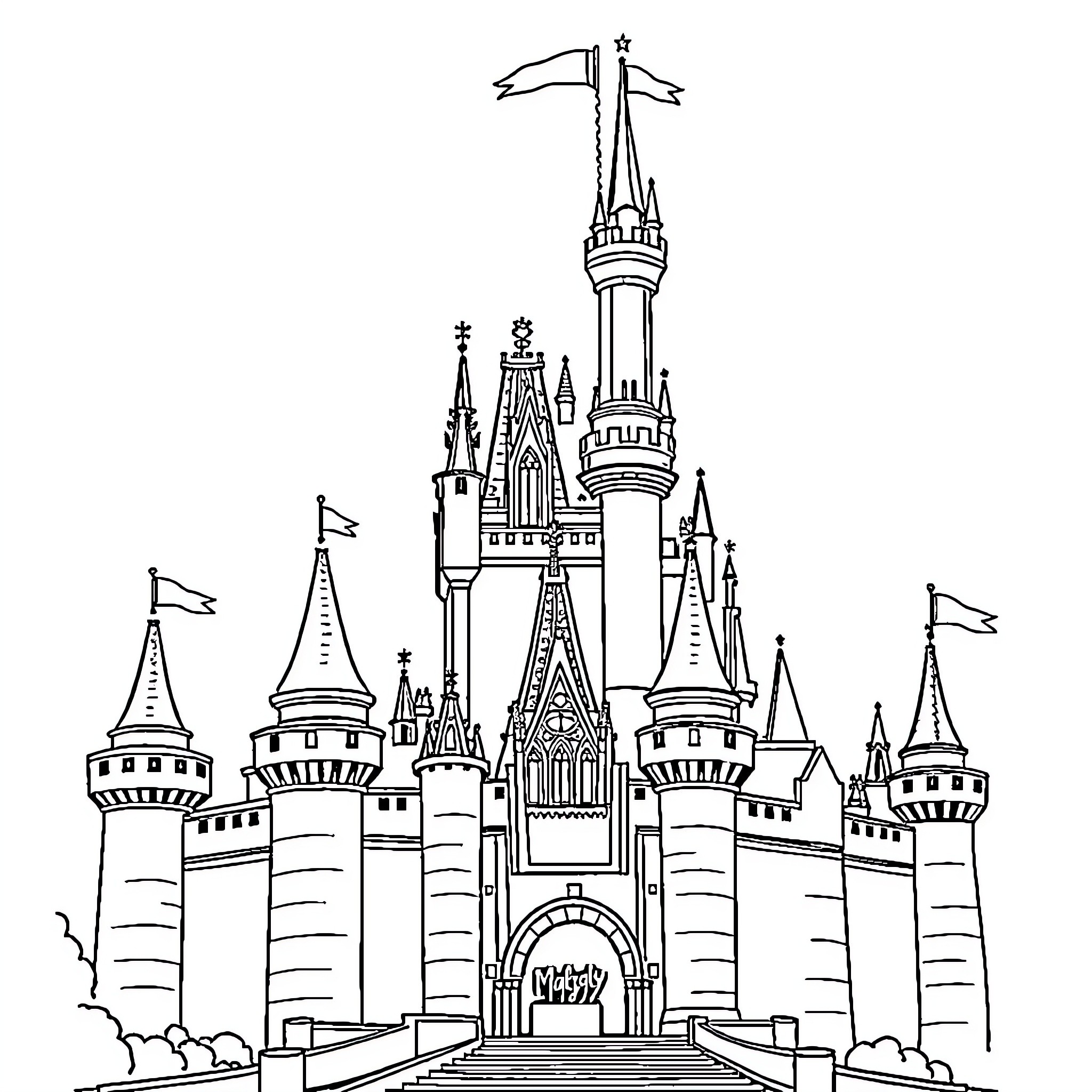 Castle with grand towers and turrets Coloring Page (free black-and-white line drawing printable PDF for all, from beginners to advanced learners, including children, teens, adults, and seniors)