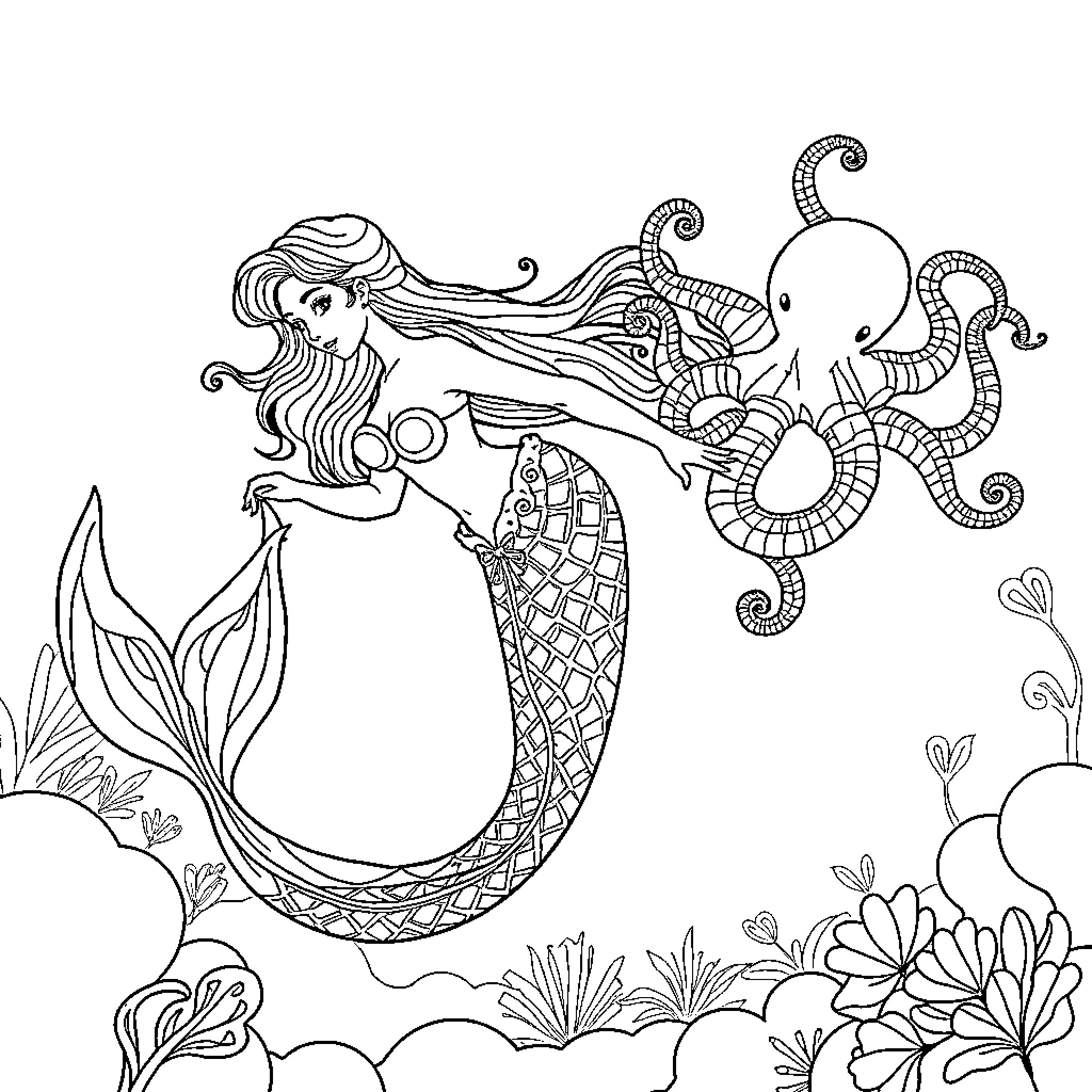 Mermaid's Underwater Adventure with Octopus Coloring Page (free black-and-white line drawing printable PDF for all, from beginners to advanced learners, including children, teens, adults, and seniors)