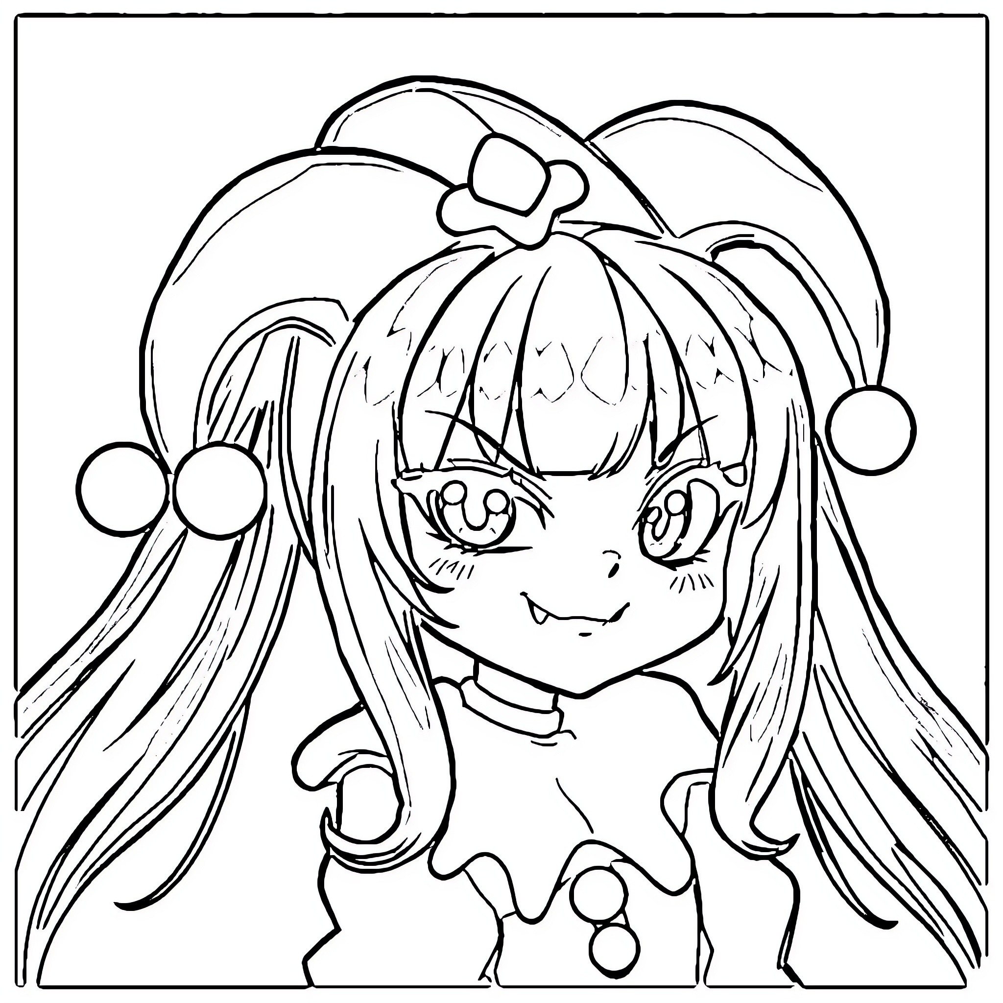 Kuromi in cheerful anime-style illustration Coloring Page (free black-and-white line drawing printable PDF for all, from beginners to advanced learners, including children, teens, adults, and seniors)