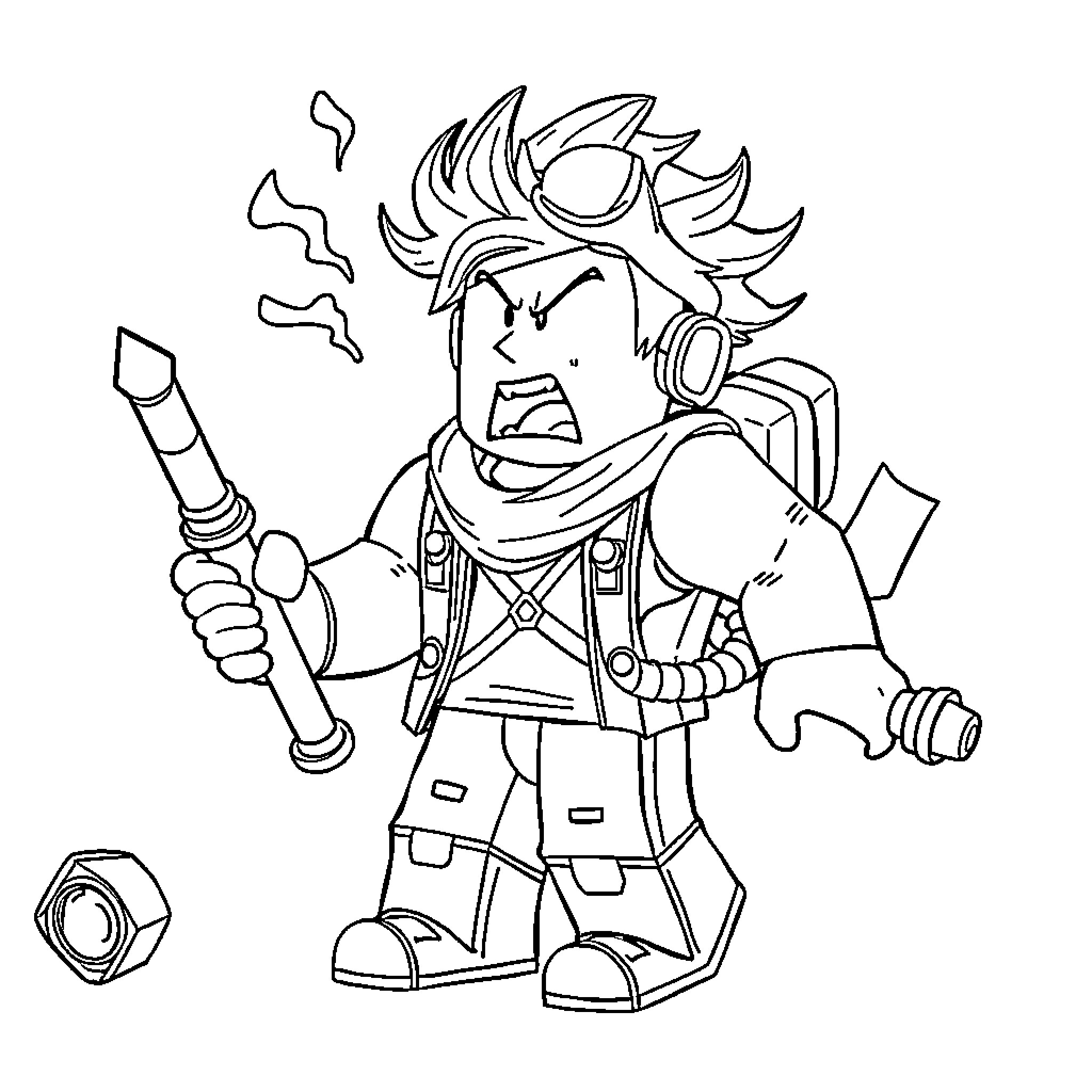 Axel the Determined Mechanic at Work Coloring Page (free black-and-white line drawing printable PDF for all, from beginners to advanced learners, including children, teens, adults, and seniors)