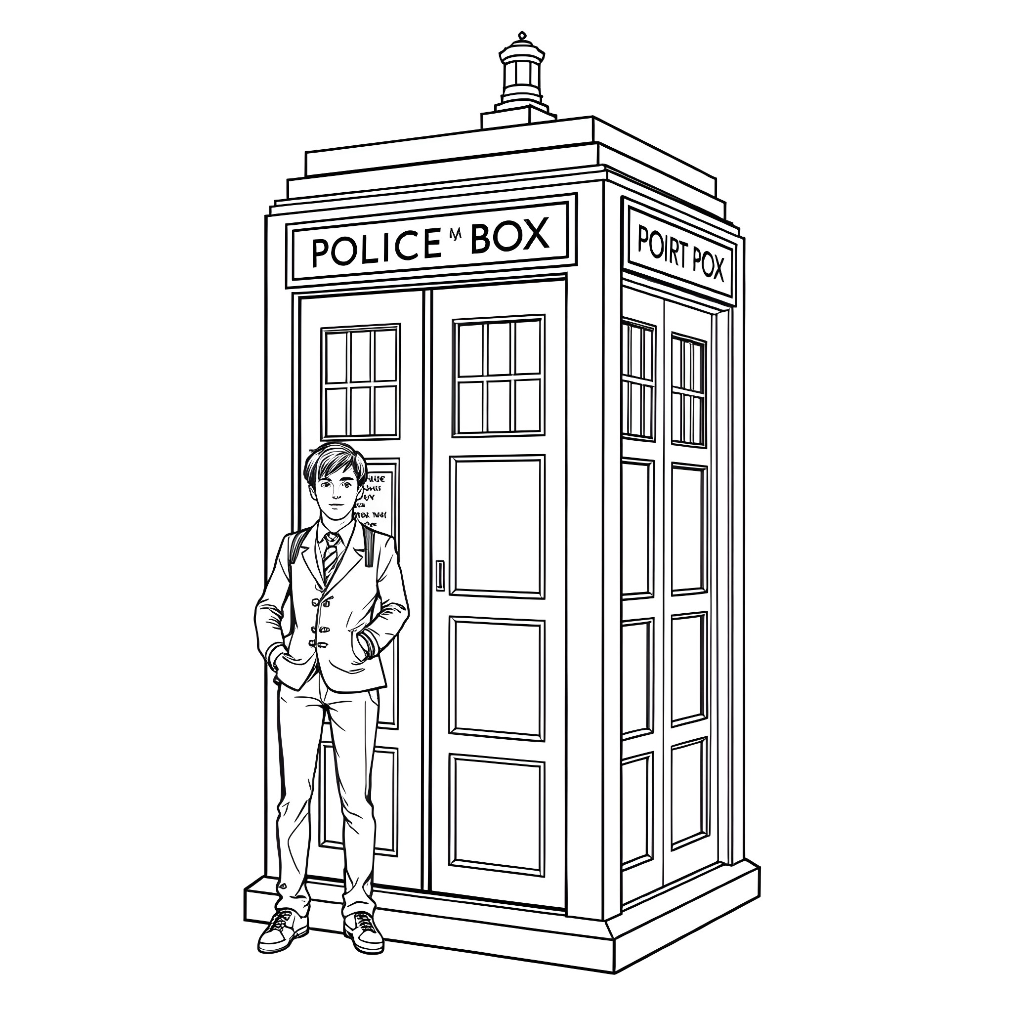 TARDIS with a suited character standing outside Coloring Page (free black-and-white line drawing printable PDF for all, from beginners to advanced learners, including children, teens, adults, and seniors)