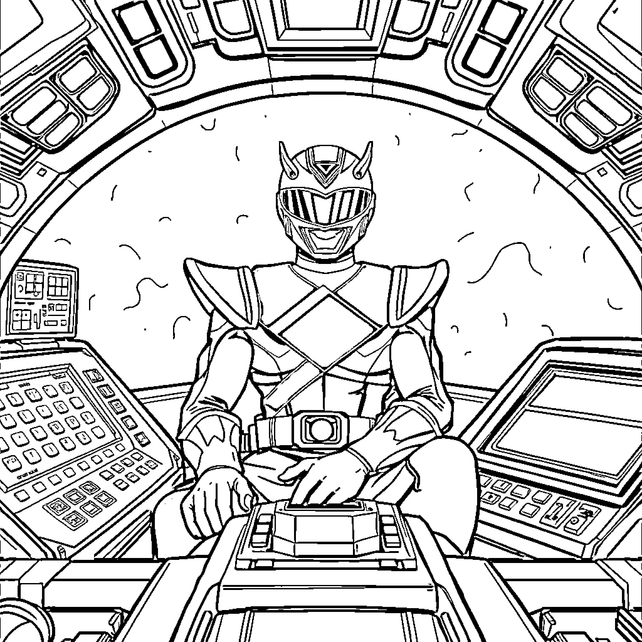 Green Ranger in Futuristic Control Room Coloring Page (free black-and-white line drawing printable PDF for all, from beginners to advanced learners, including children, teens, adults, and seniors)