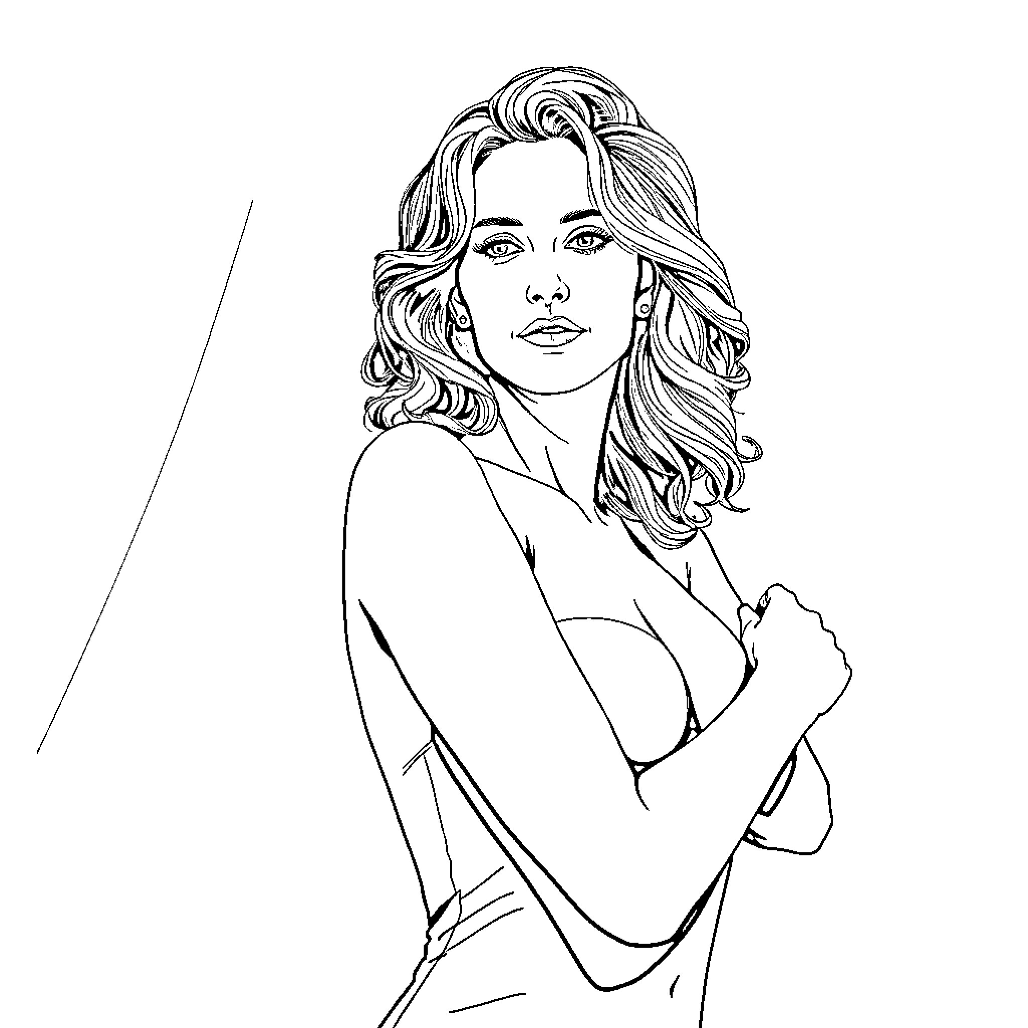 Gillian Anderson in a thoughtful pose Coloring Page (free black-and-white line drawing printable PDF for all, from beginners to advanced learners, including children, teens, adults, and seniors)