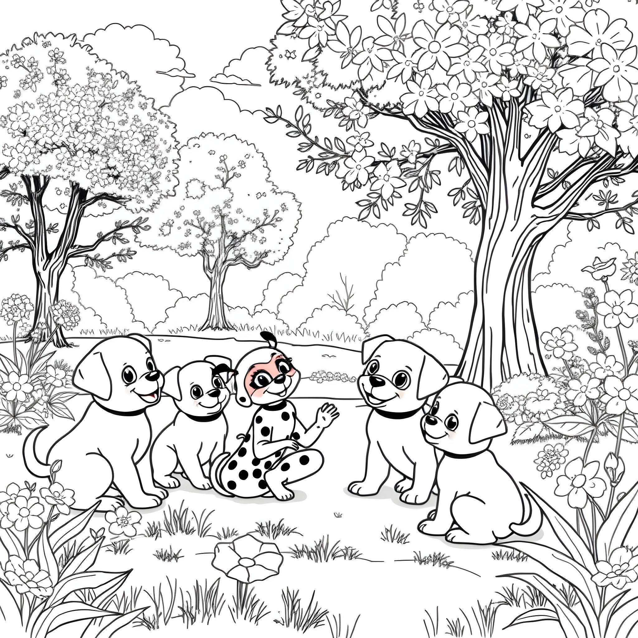 Ladybug friends playing in the garden Coloring Page (free black-and-white line drawing printable PDF for all, from beginners to advanced learners, including children, teens, adults, and seniors)