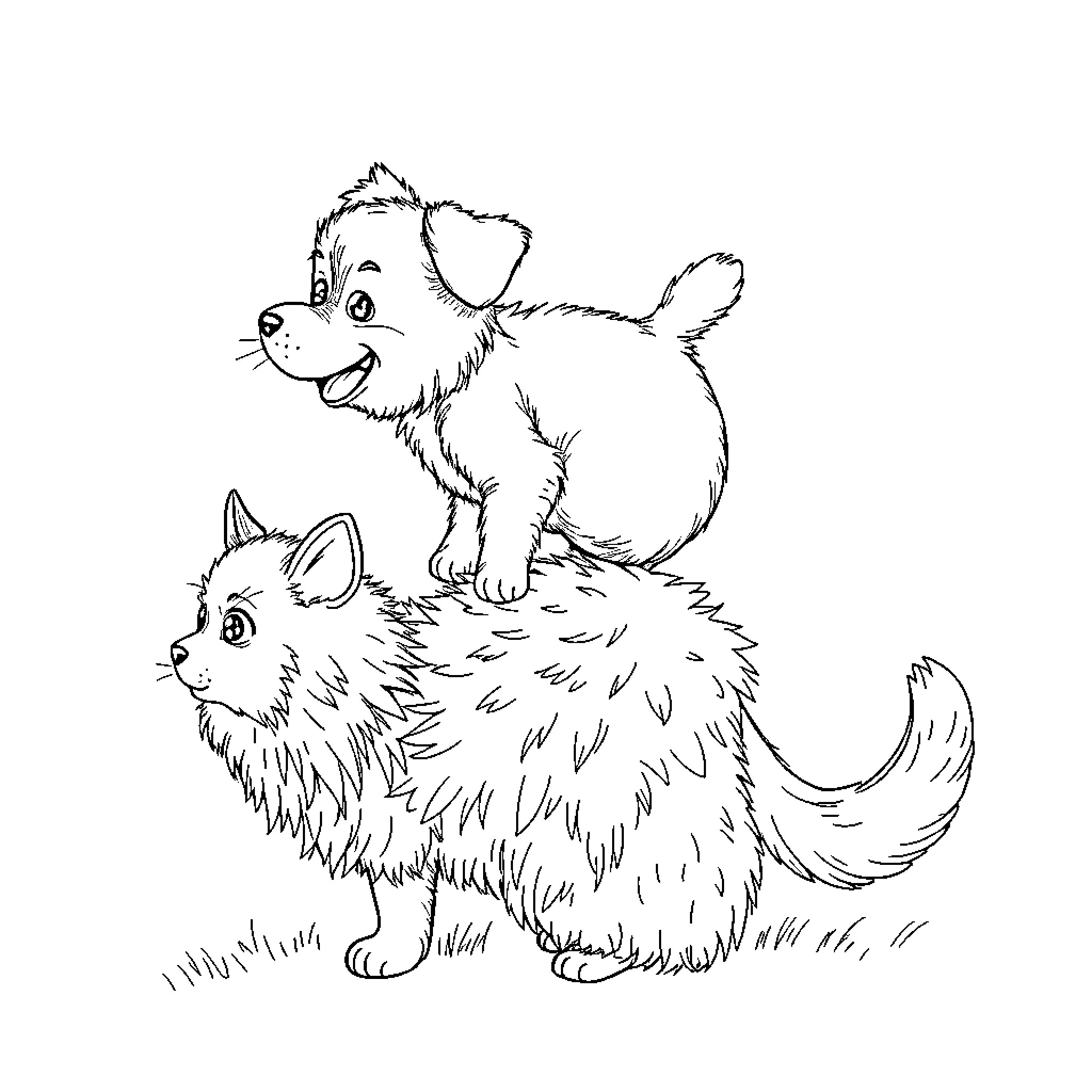 Dog riding on fluffy dog's back Coloring Page (free black-and-white line drawing printable PDF for all, from beginners to advanced learners, including children, teens, adults, and seniors)