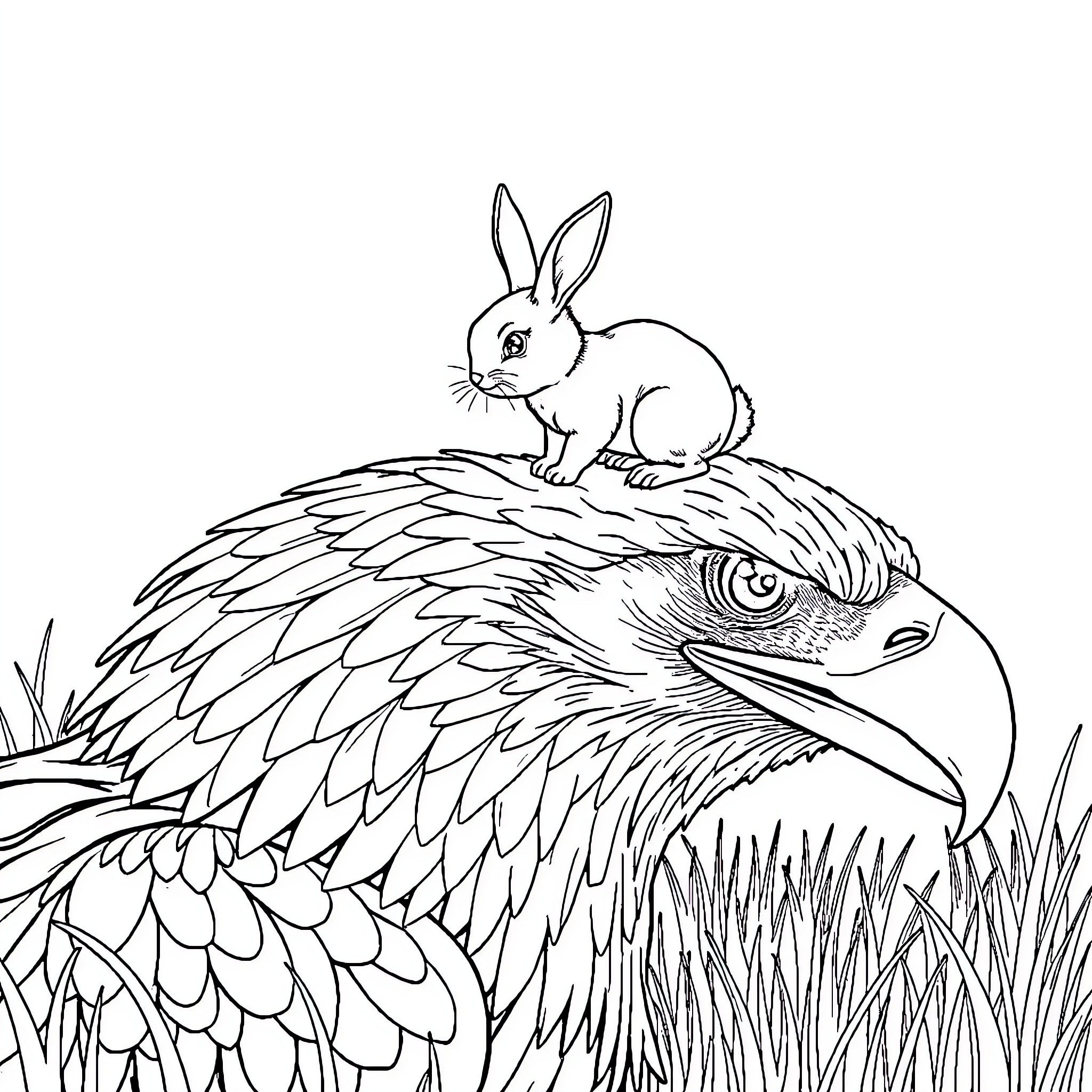 Rabbit sitting atop a majestic eagle in the grass Coloring Page (free black-and-white line drawing printable PDF for all, from beginners to advanced learners, including children, teens, adults, and seniors)