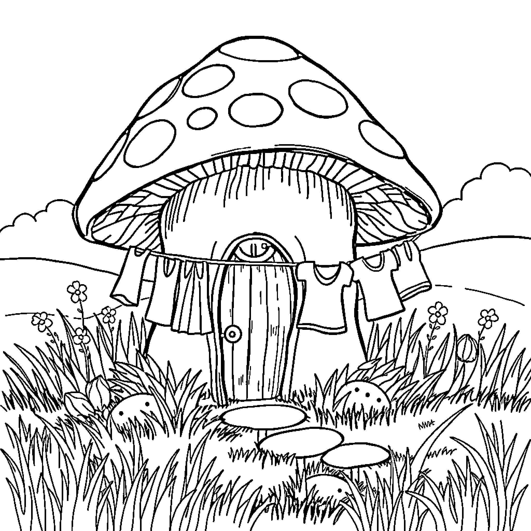 Mushroom house with whimsical details in nature Coloring Page (free black-and-white line drawing printable PDF for all, from beginners to advanced learners, including children, teens, adults, and seniors)
