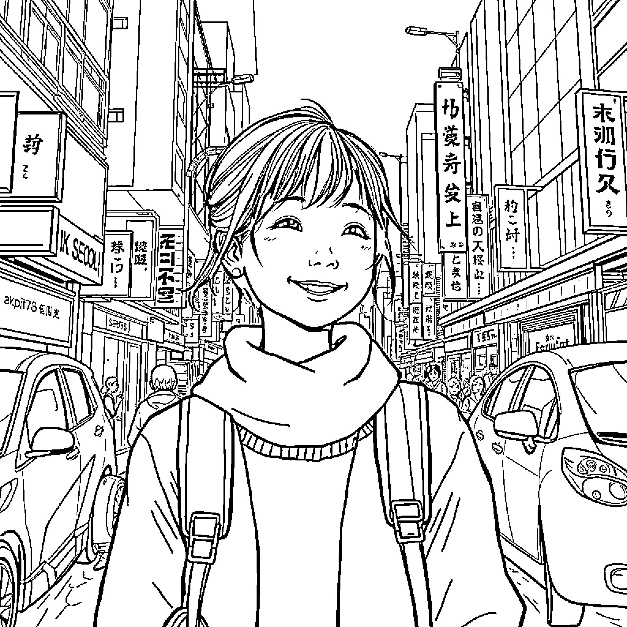 Girl exploring vibrant cityscape with optimism Coloring Page (free black-and-white line drawing printable PDF for all, from beginners to advanced learners, including children, teens, adults, and seniors)