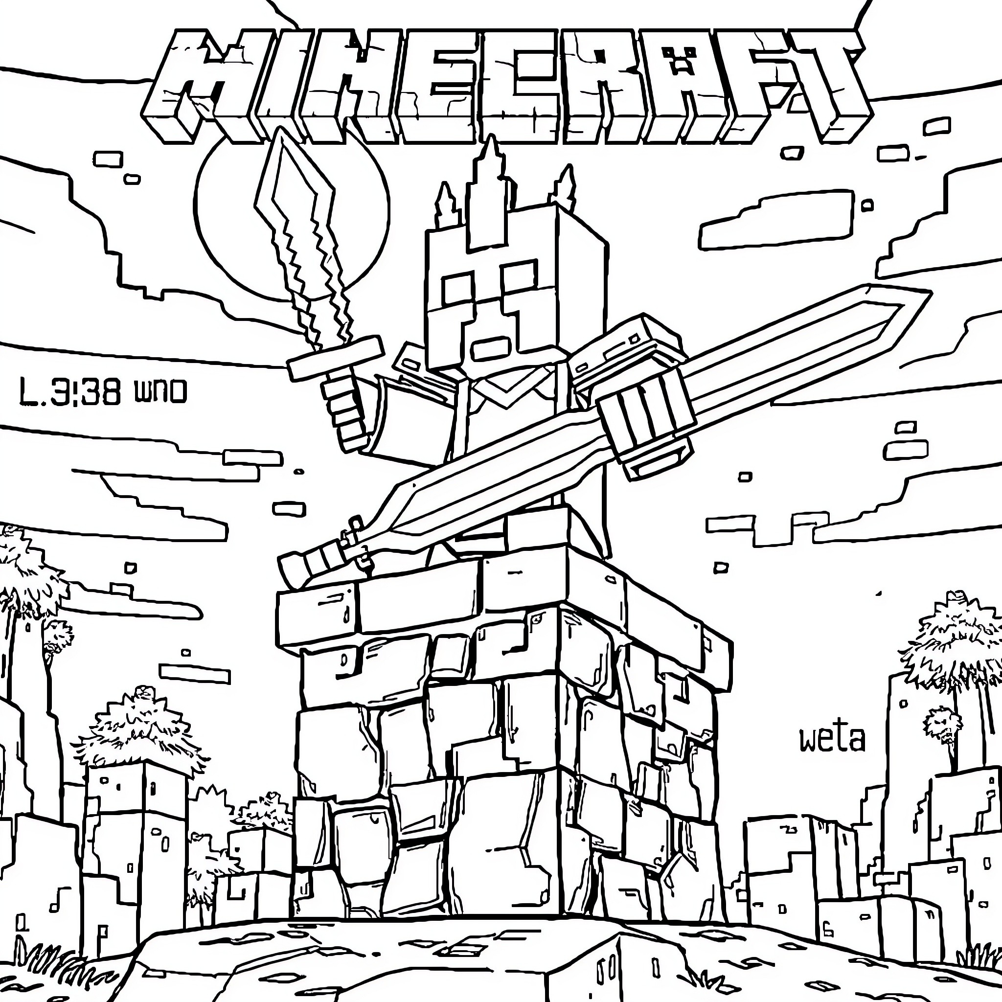 Herobrine's epic battle in the Minecraft world Coloring Page (free black-and-white line drawing printable PDF for all, from beginners to advanced learners, including children, teens, adults, and seniors)