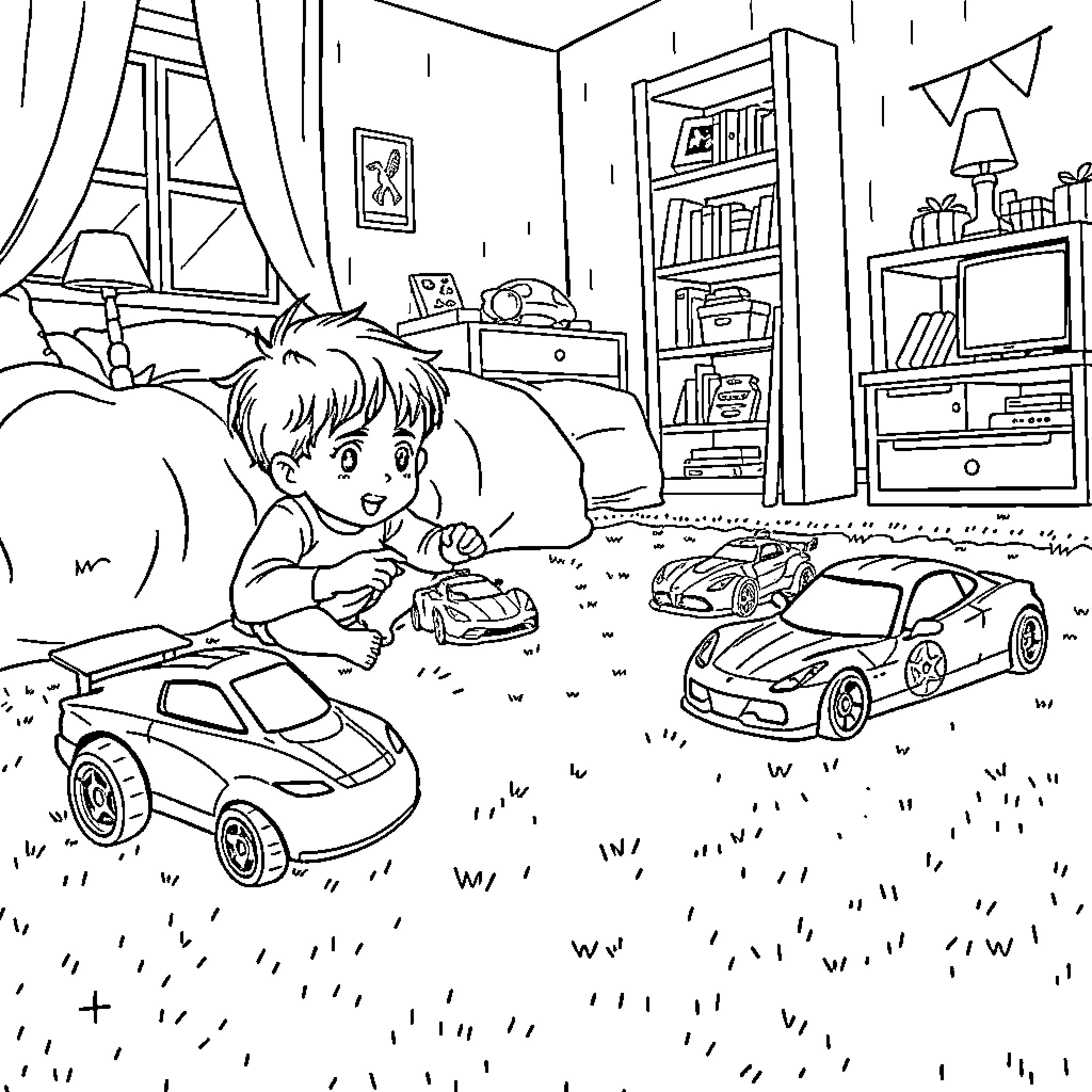 Kid enjoying toy cars in his bedroom Coloring Page (free black-and-white line drawing printable PDF for all, from beginners to advanced learners, including children, teens, adults, and seniors)