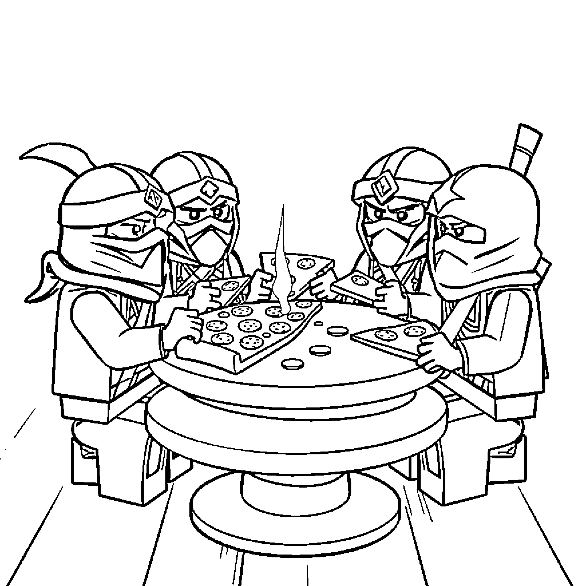 Ninjago characters eating pizza around a round table Coloring Page (free black-and-white line drawing printable PDF for all, from beginners to advanced learners, including children, teens, adults, and seniors)