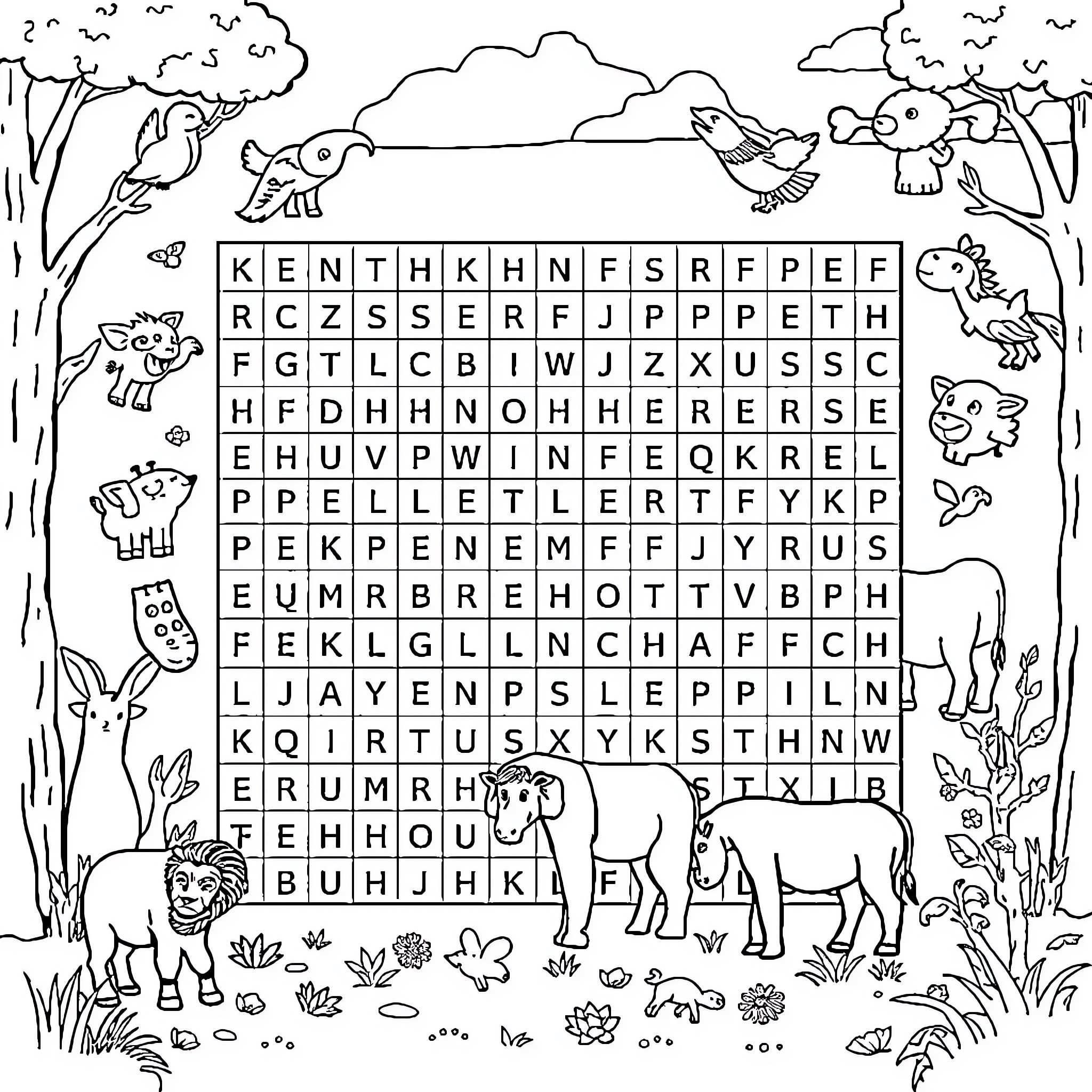 Animal friends playing in the nature scene Coloring Page (free black-and-white line drawing printable PDF for all, from beginners to advanced learners, including children, teens, adults, and seniors)