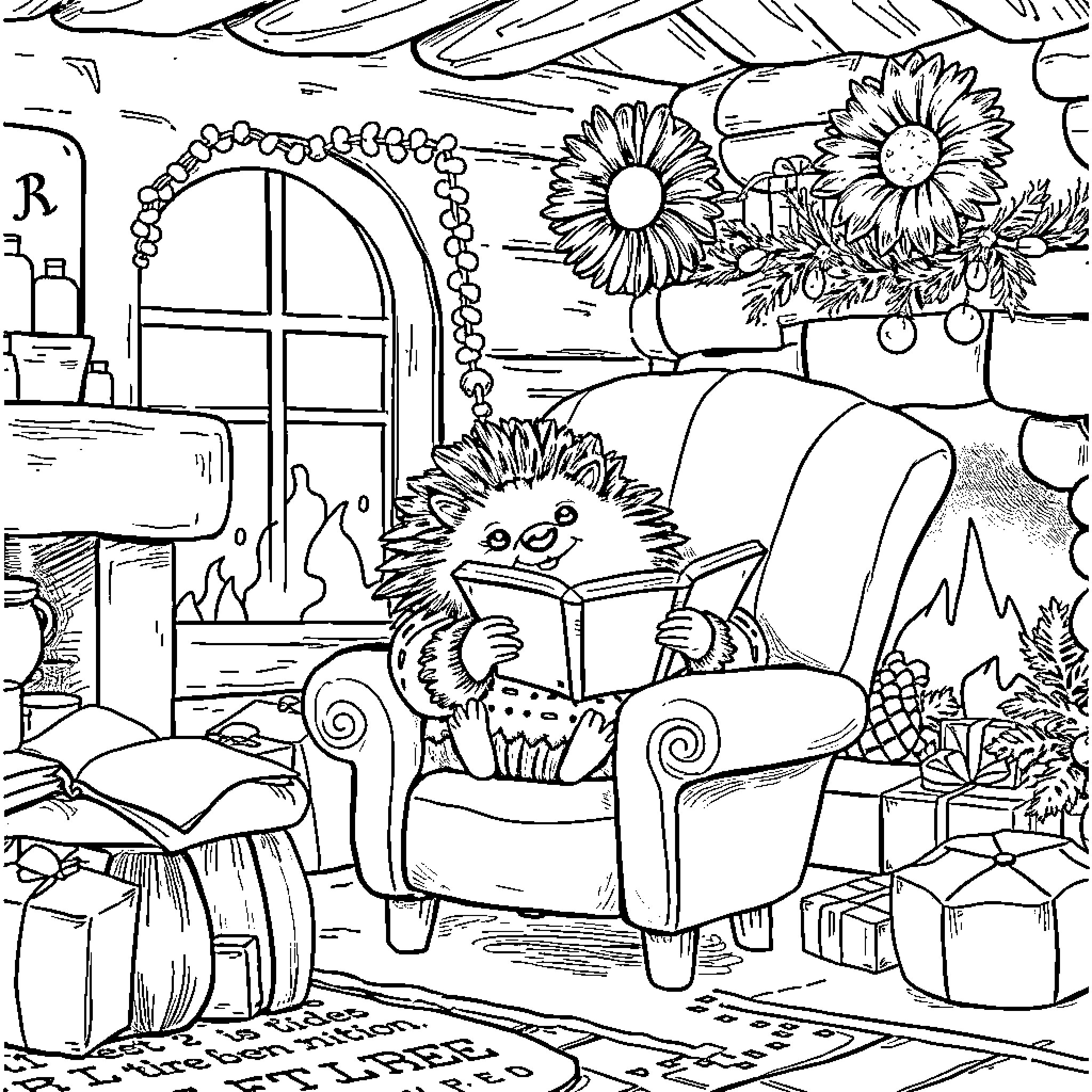 Hedgehog enjoying a cozy reading session at home Coloring Page (free black-and-white line drawing printable PDF for all, from beginners to advanced learners, including children, teens, adults, and seniors)